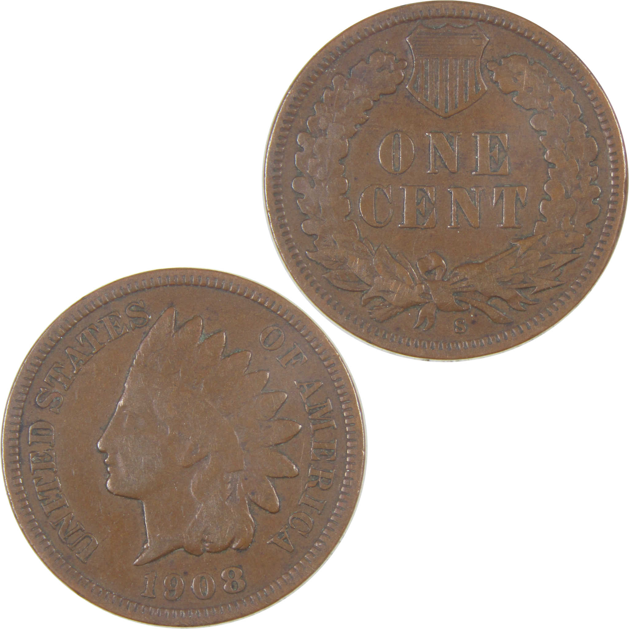 1908 S Indian Head Cent F Fine Penny 1c Coin SKU:I16849