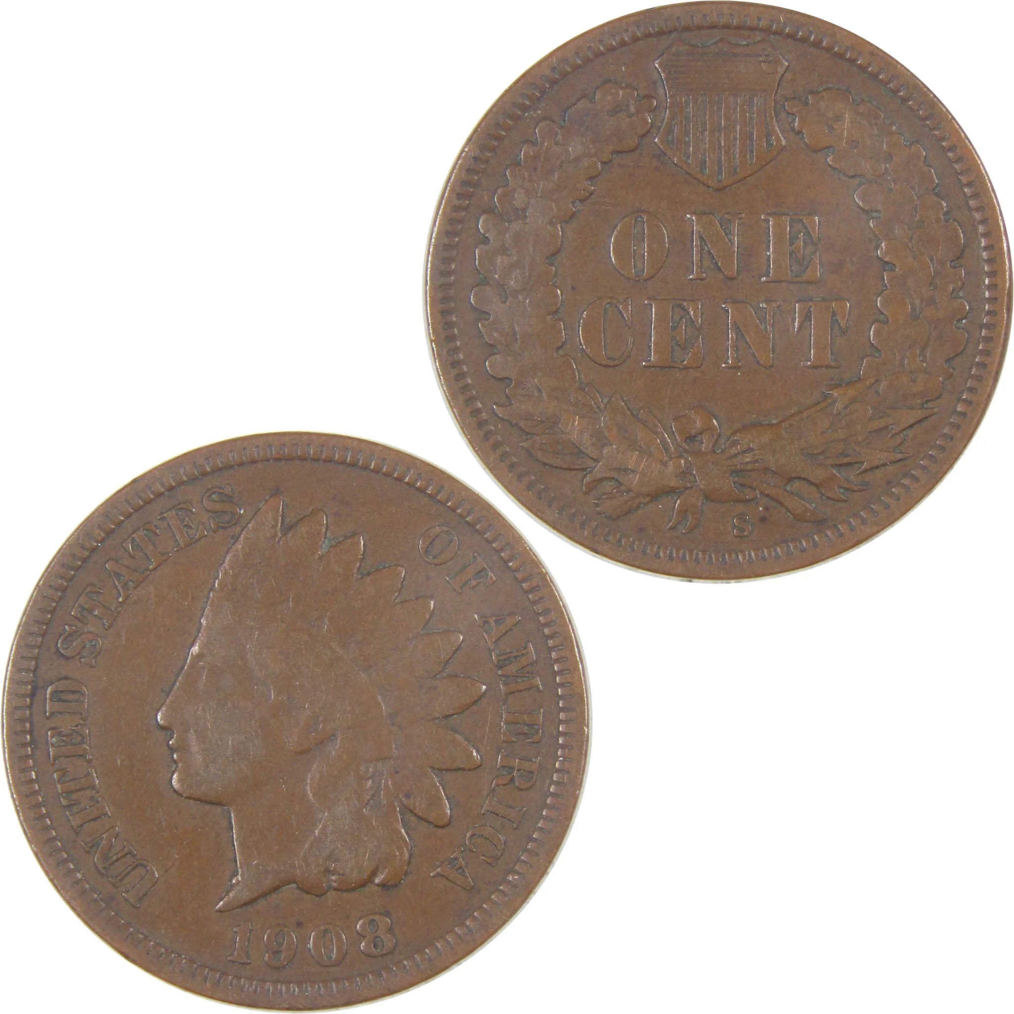 1908 S Indian Head Cent F Fine Penny 1c Coin SKU:I16849