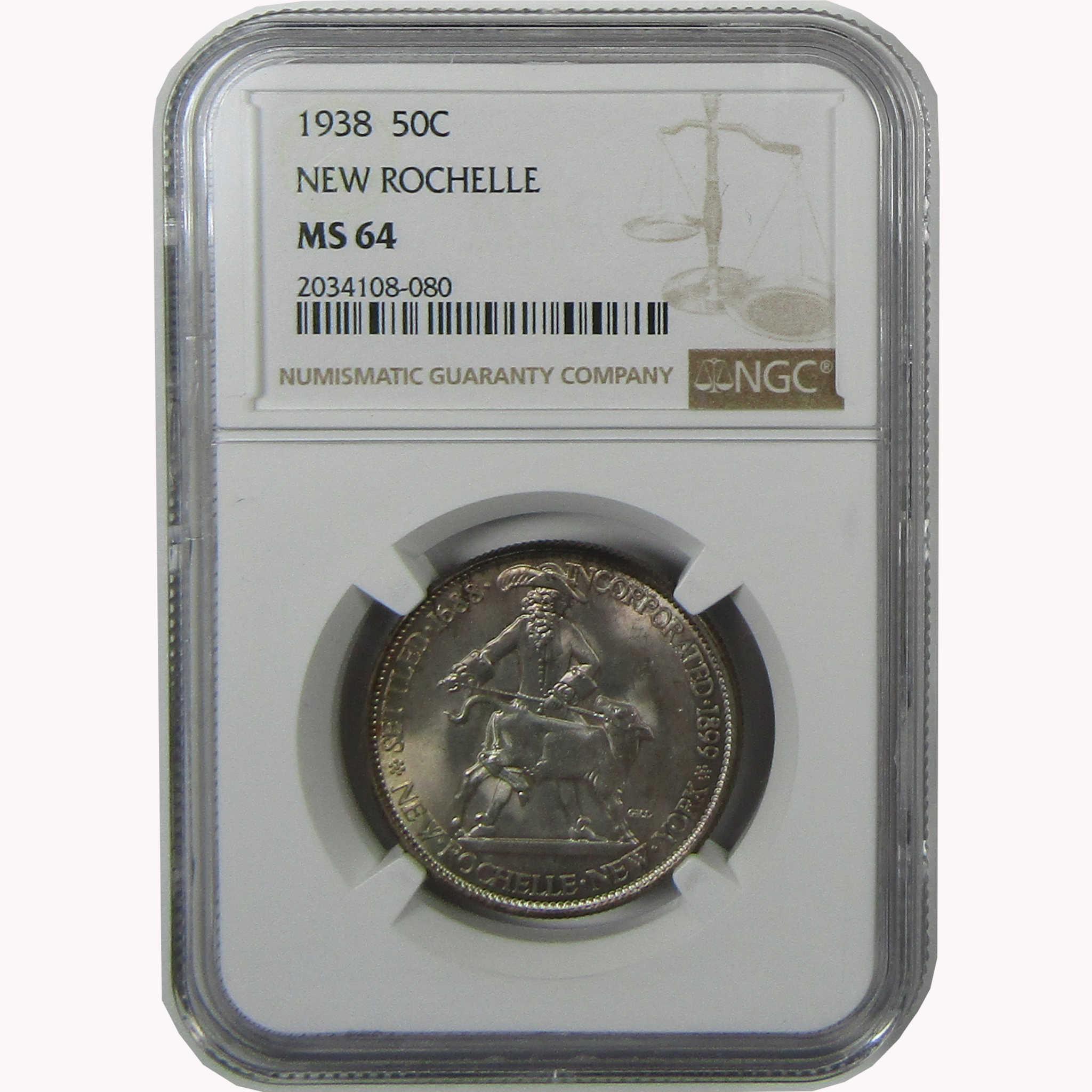 1938 New Rochelle New York Commemorative Silver Half Dollar MS 64 NGC