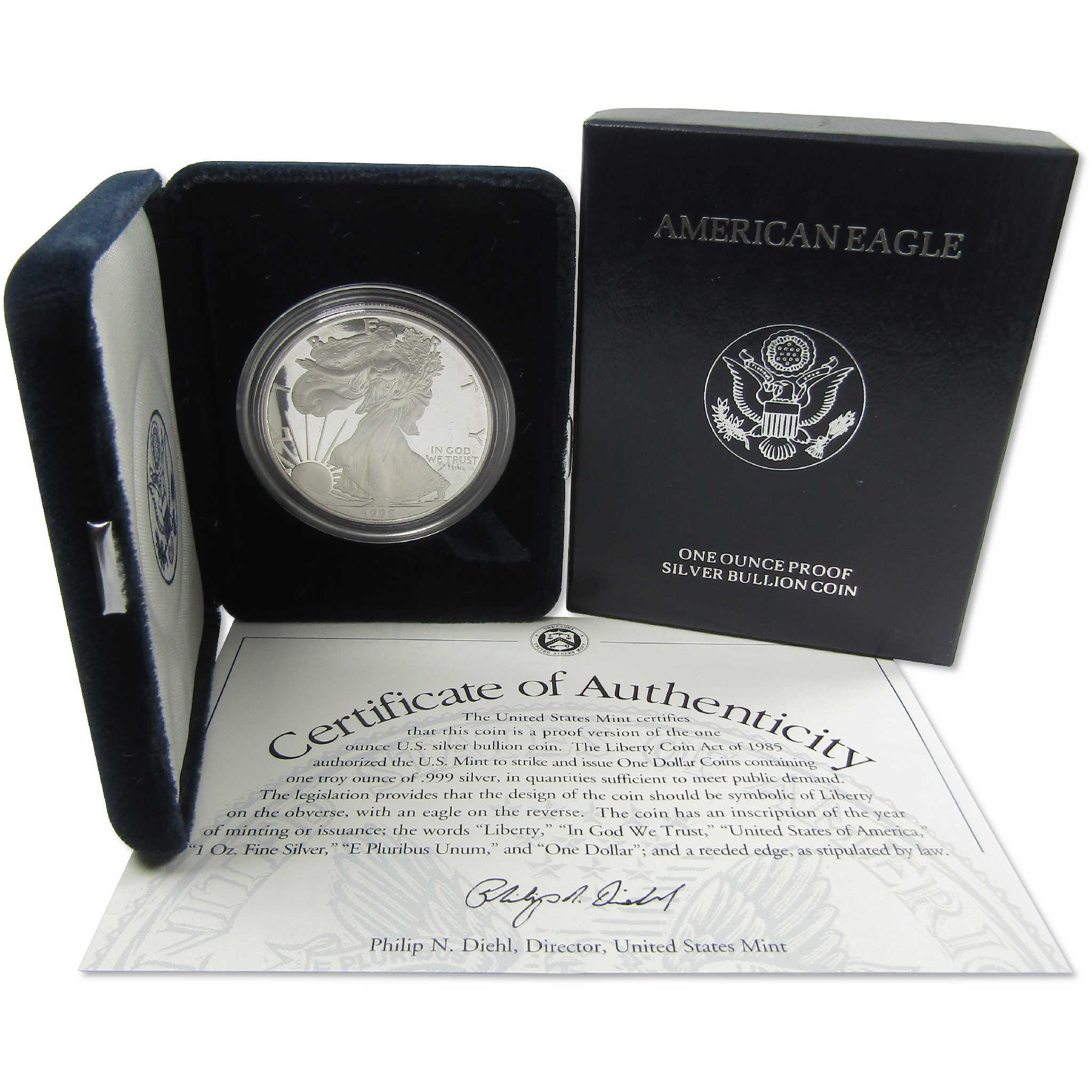 1998 P American Silver Eagle Choice Proof Bullion $1 Coin OGP COA