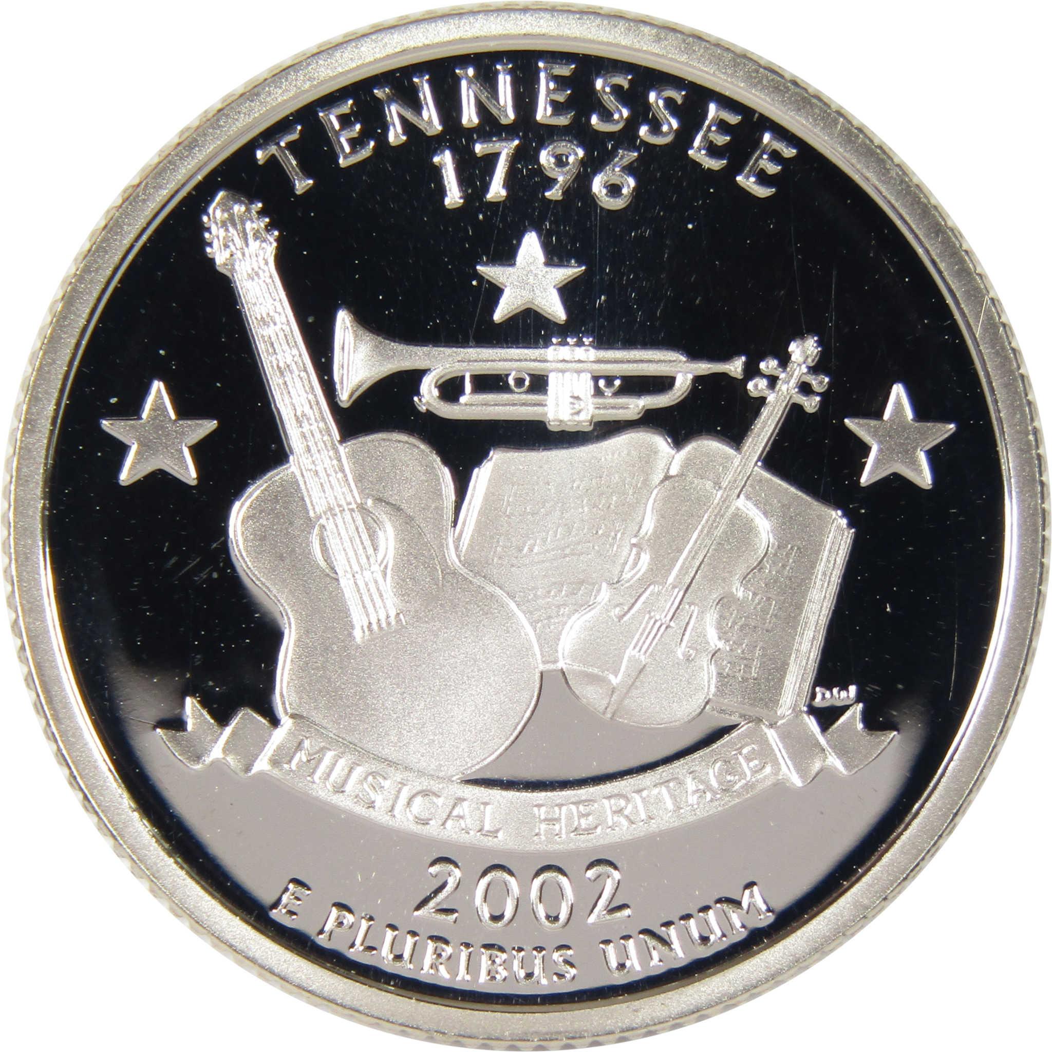 Tennessee 2002 state quarter featuring guitar, trumpet, violin, music notes and stars design