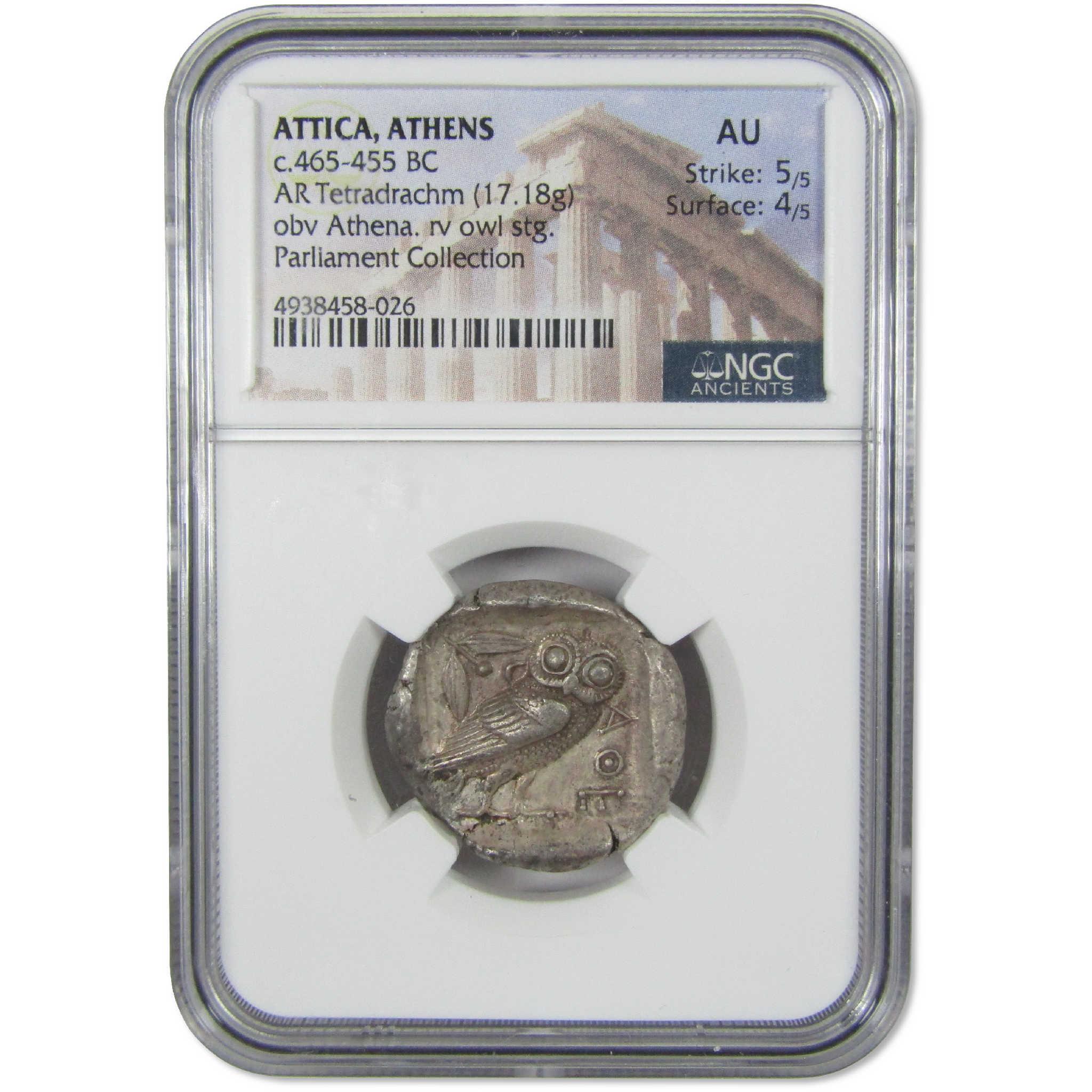 465-455 BC Attica Athens Silver Athena Owl Tetradrachm AU NGC Ancient
