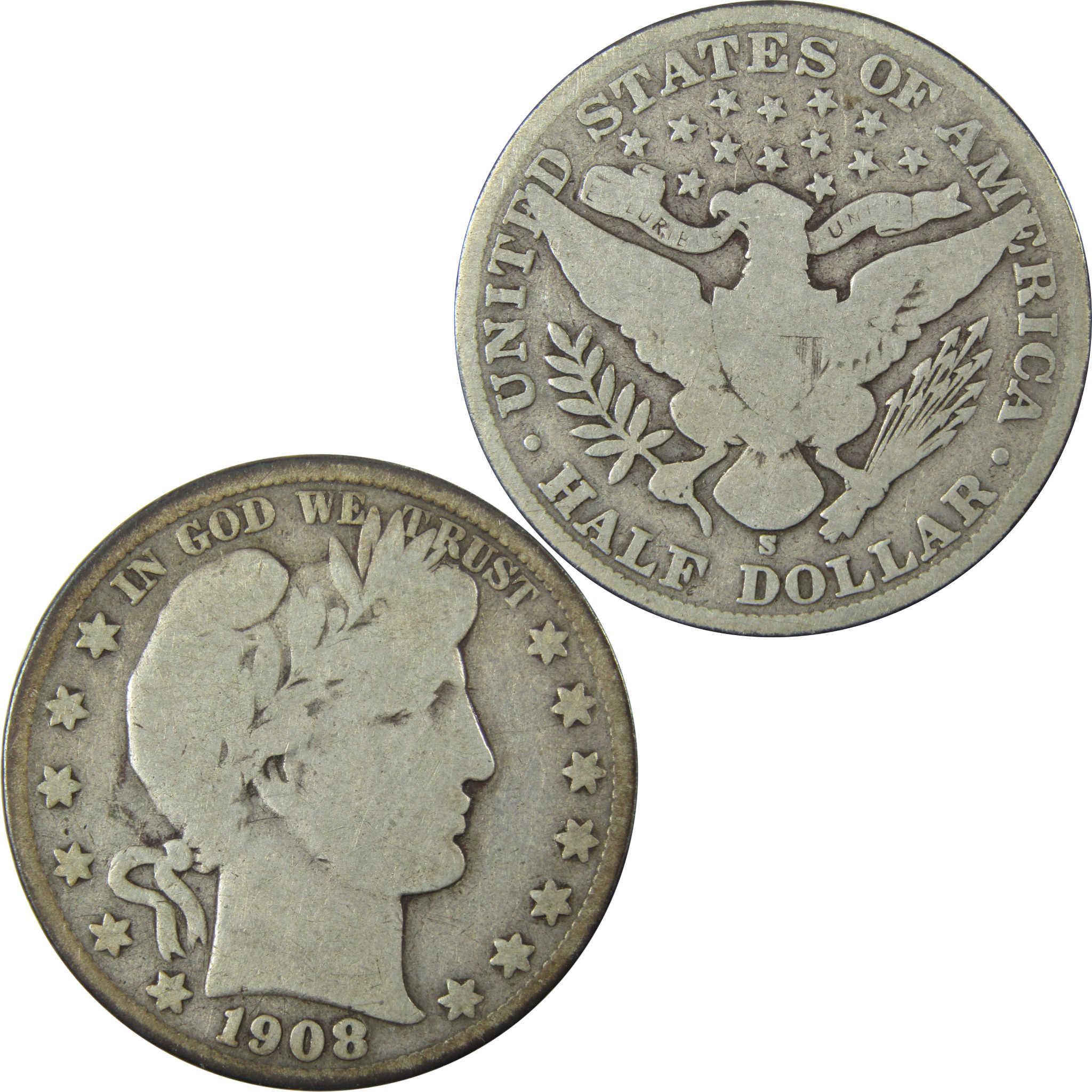 1908 S Barber Silver Half Dollar VG Very Good 50c CoinSKU:CP1476
