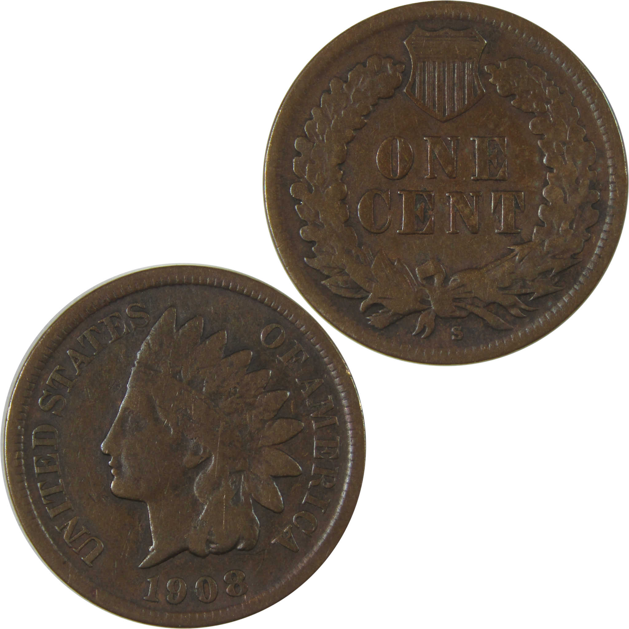 1908 S Indian Head Cent F Fine Details Penny 1c Coin SKU:I22743