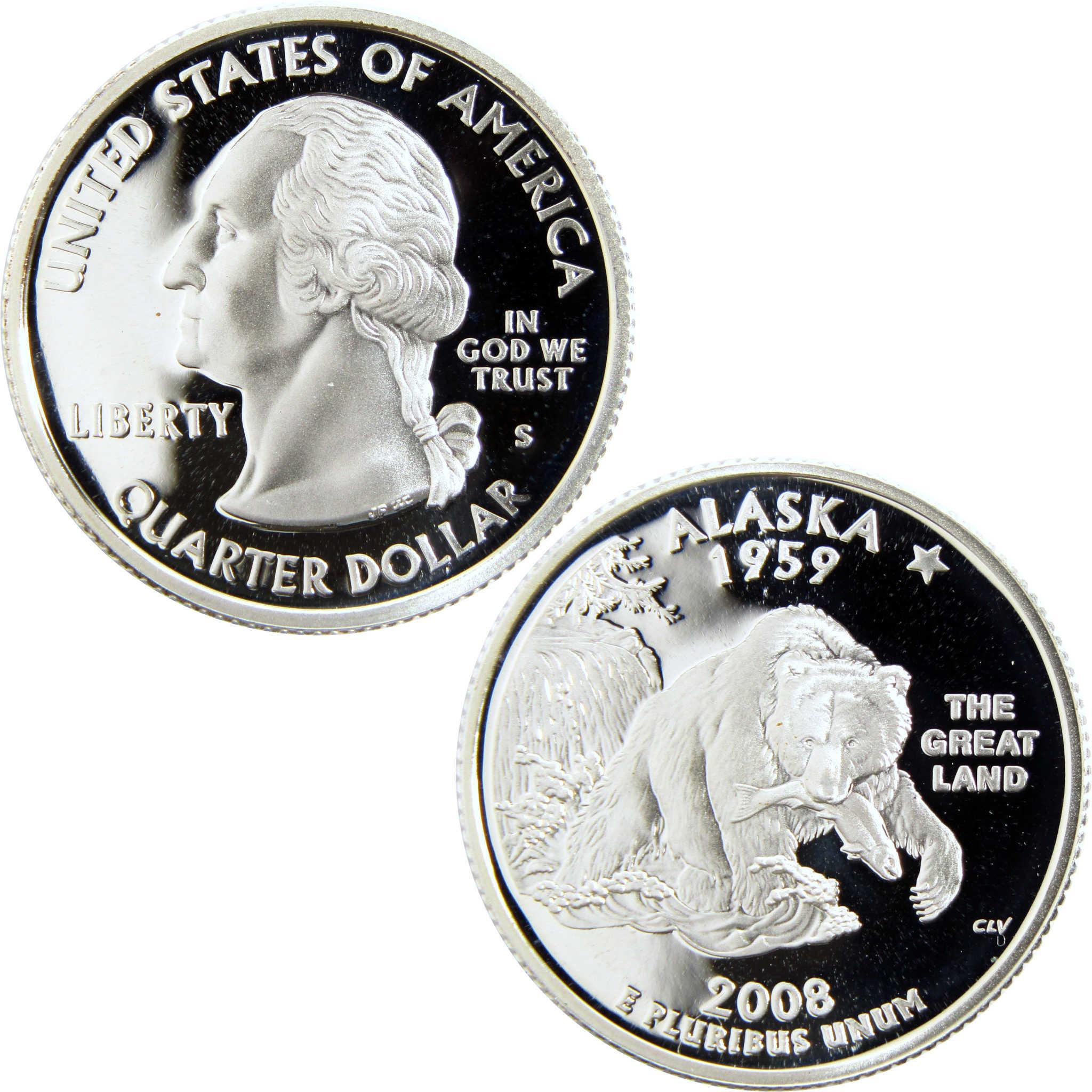 2008 Alaska state quarter, featuring George Washington and a bear with a salmon design