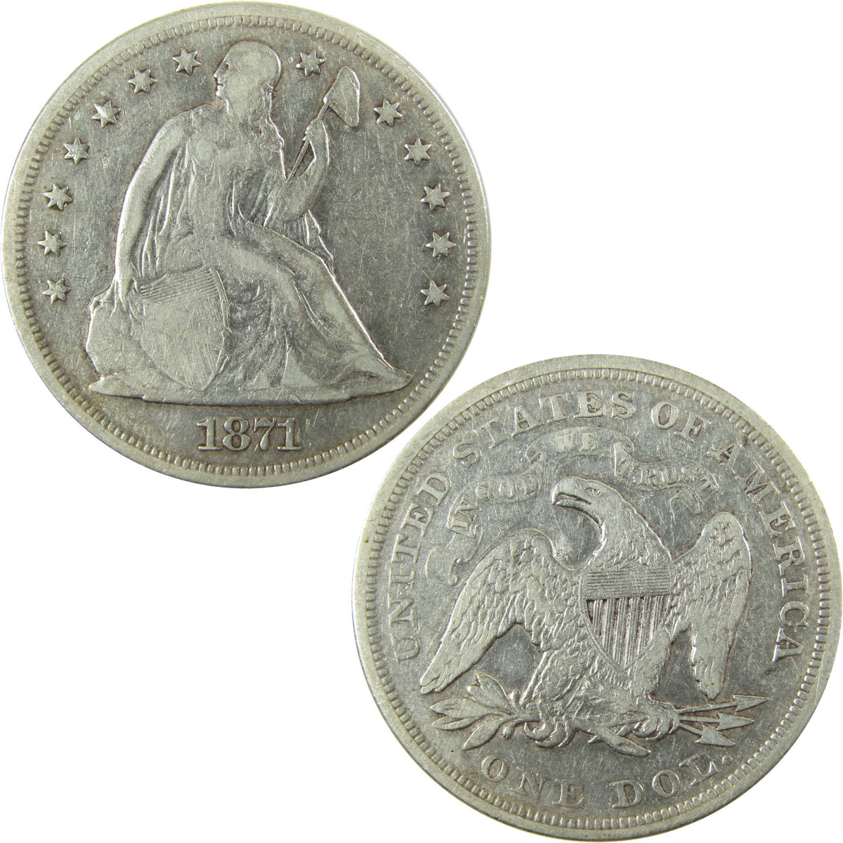 1871 Seated Liberty Silver Dollar F Fine Details $1 Coin SKU:CP1718