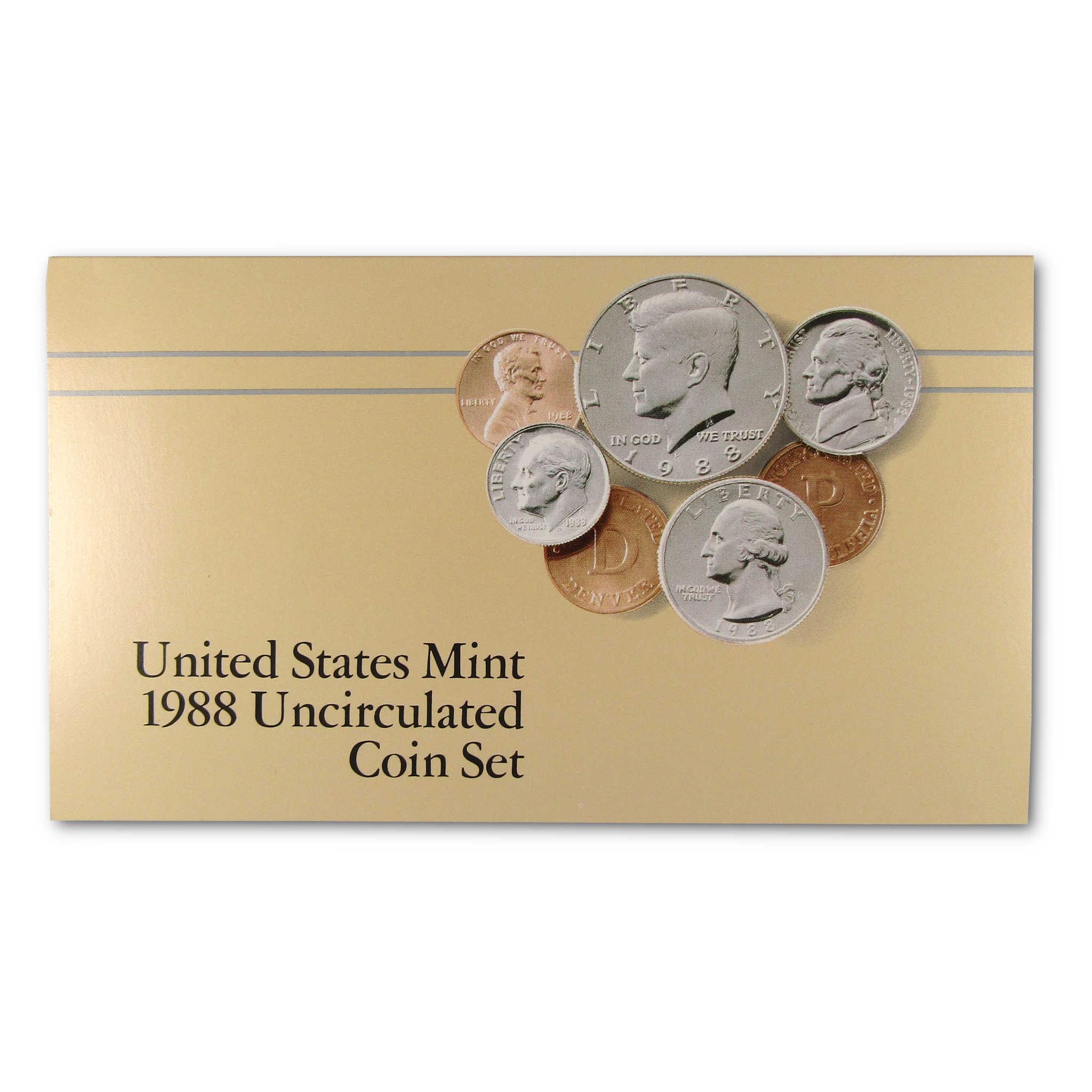 United States Mint 1988 uncirculated coin set with various US coins on beige packaging.