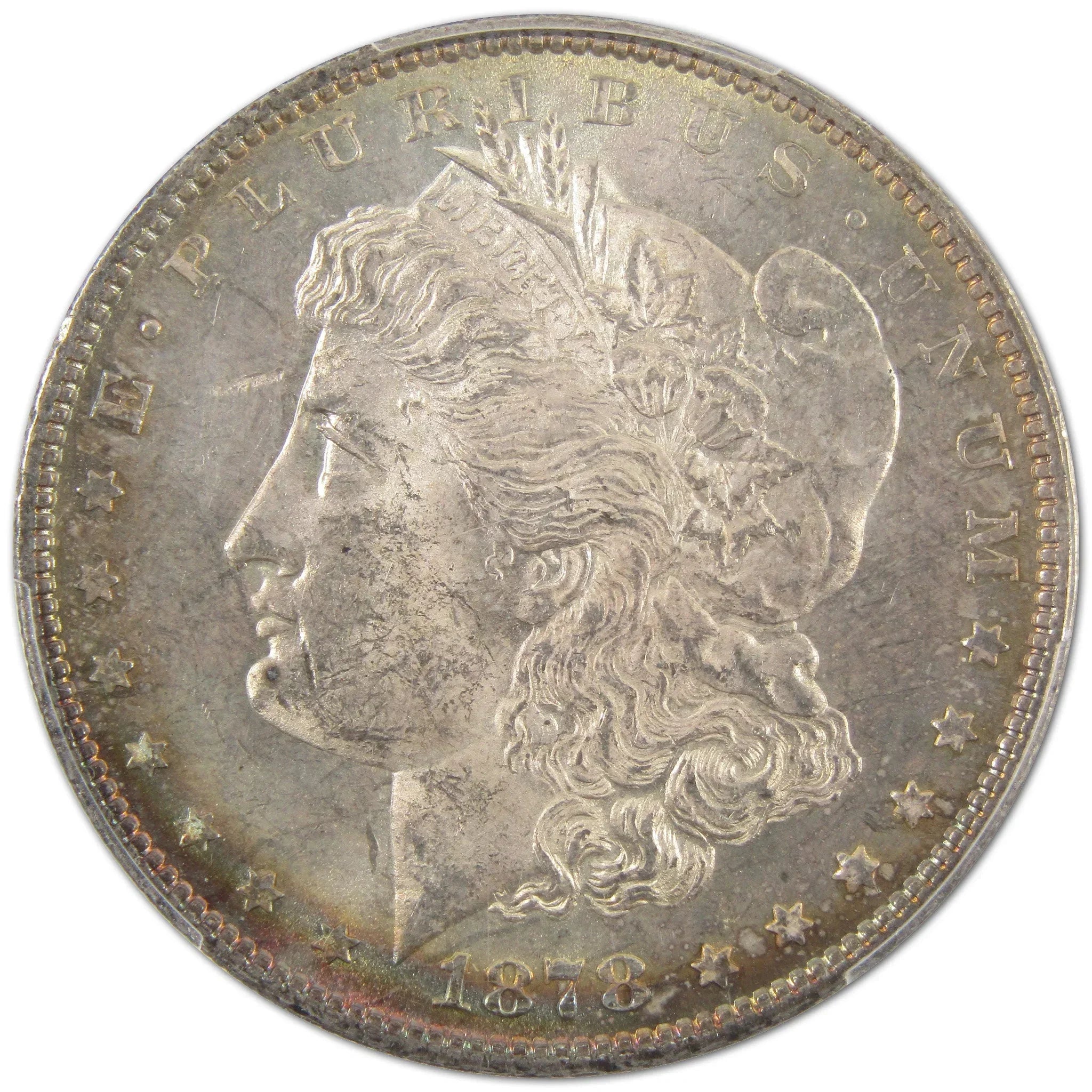 1878 Morgan silver dollar coin obverse with Lady Liberty profile and E Pluribus Unum inscription