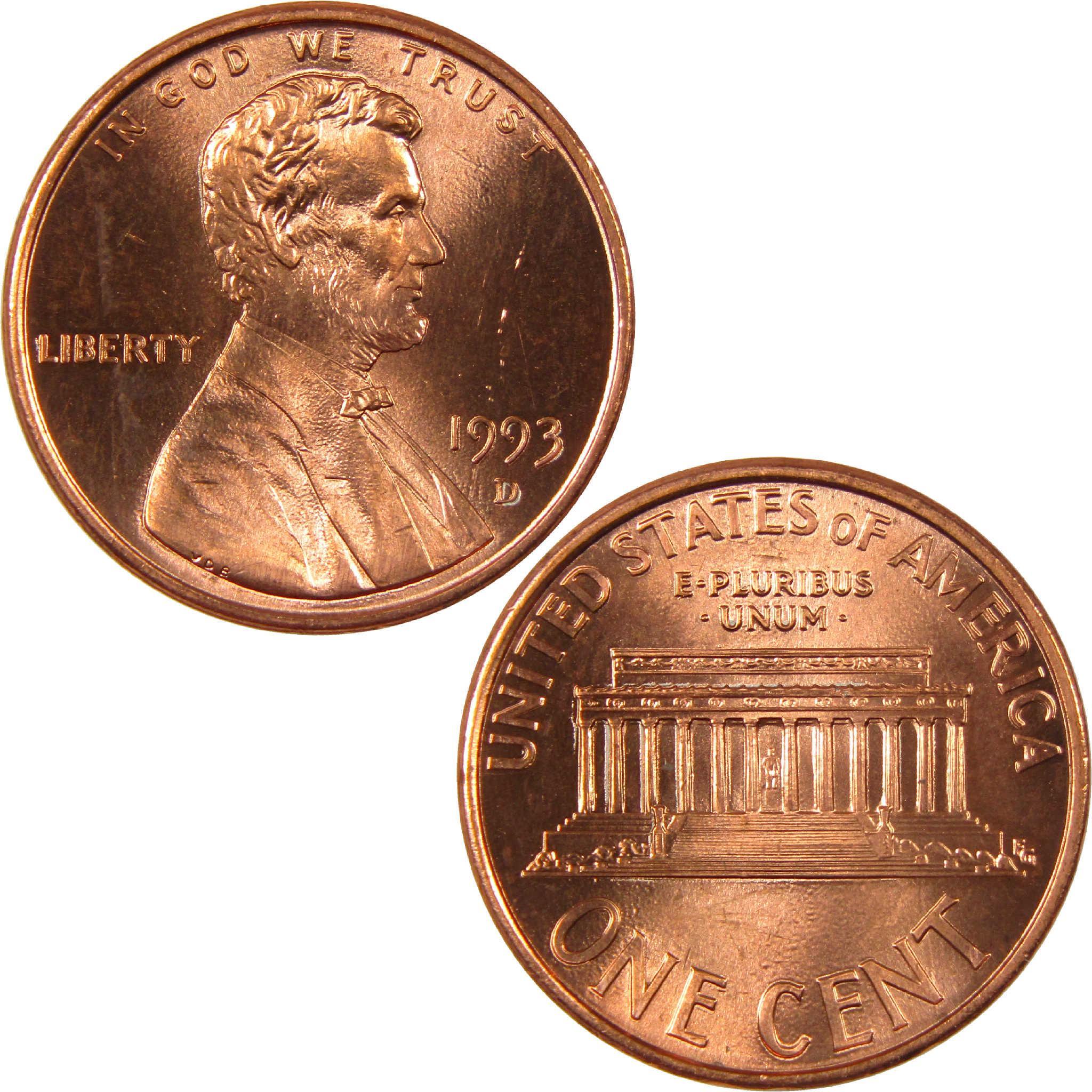 1993 Lincoln penny collectible coin, front with Lincoln portrait, back with Lincoln Memorial