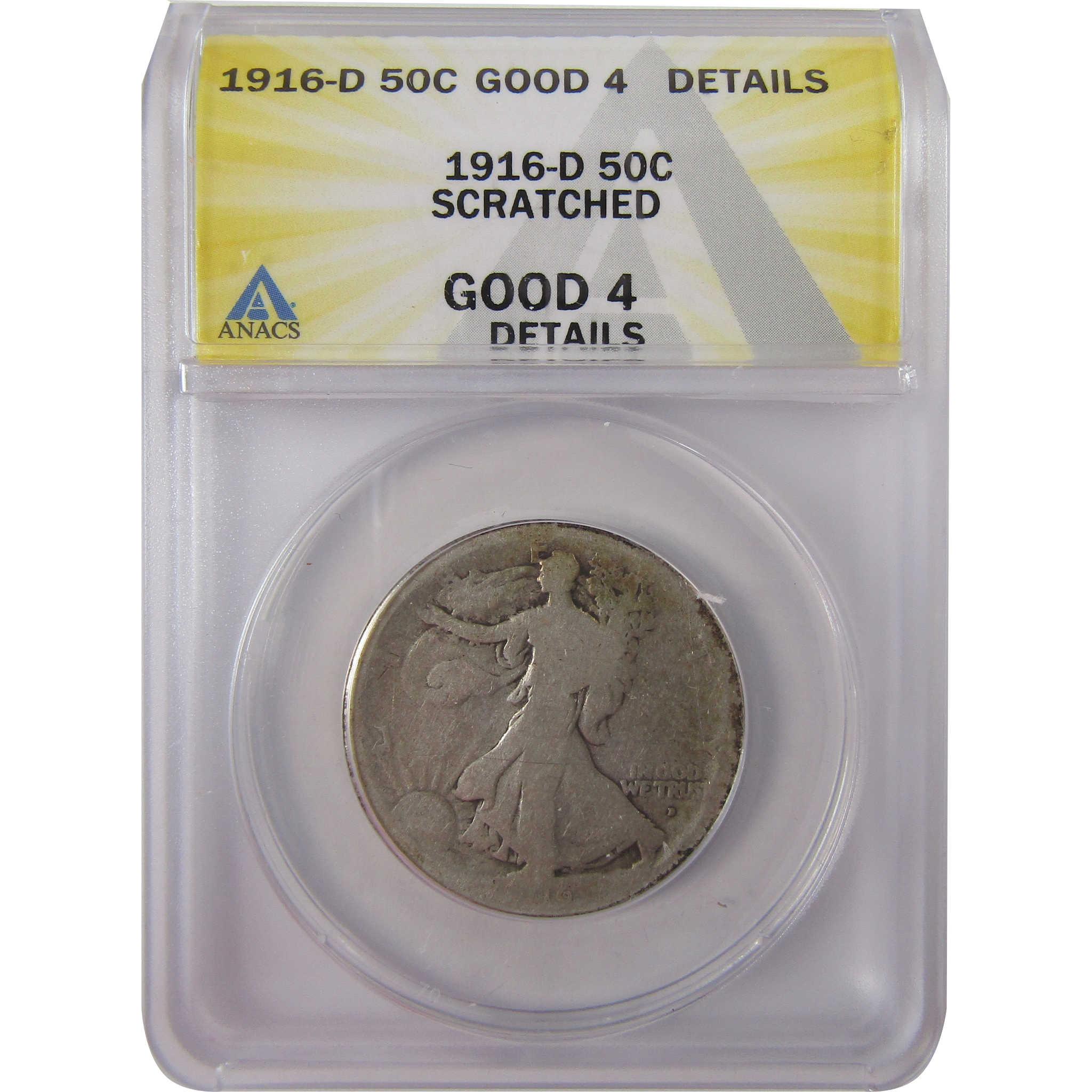 1916 D Liberty Walking Silver Half Dollar G 4 Details ANACS SKU:I25538