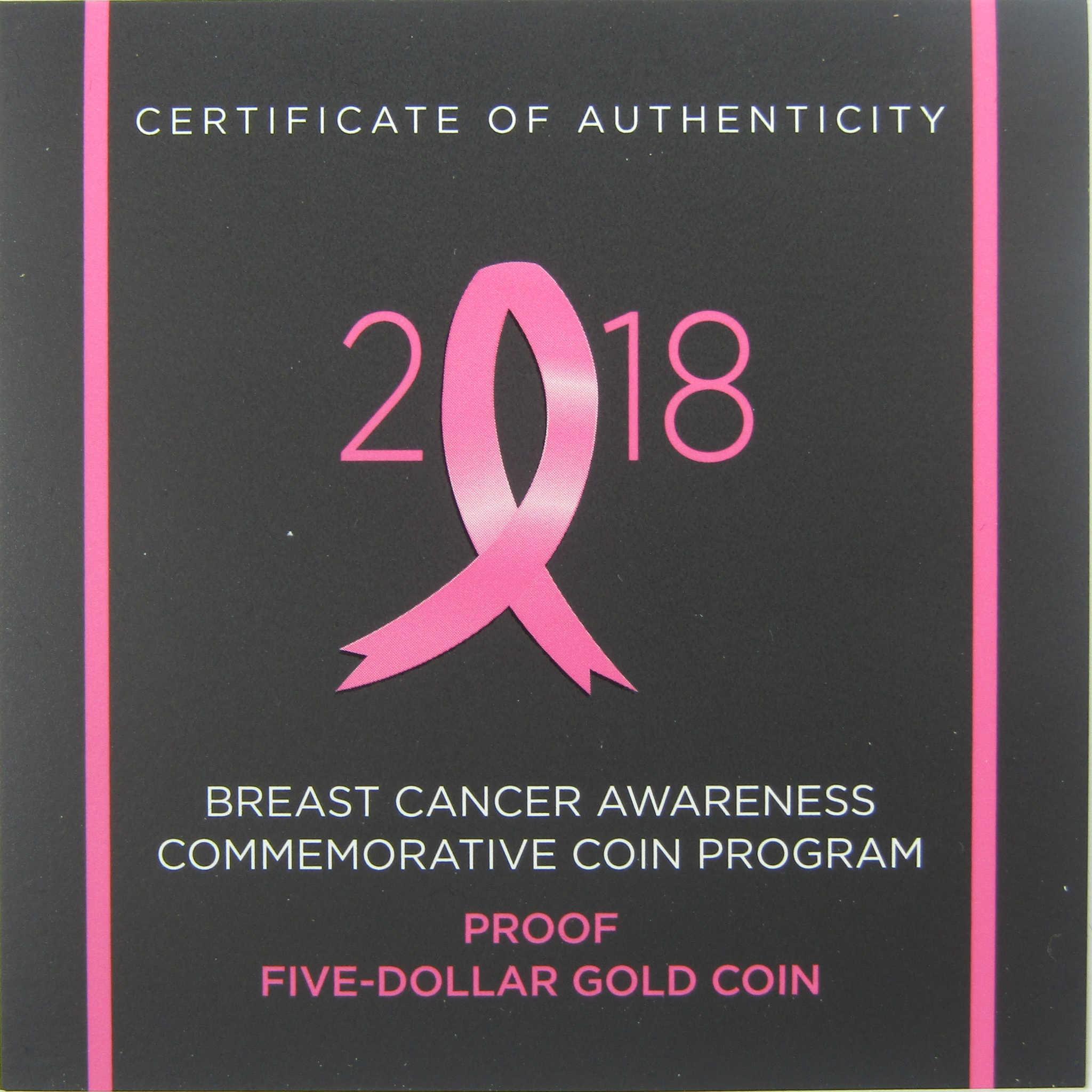 2018 W Breast Cancer Awareness Commemorative Gold Proof OGP COA
