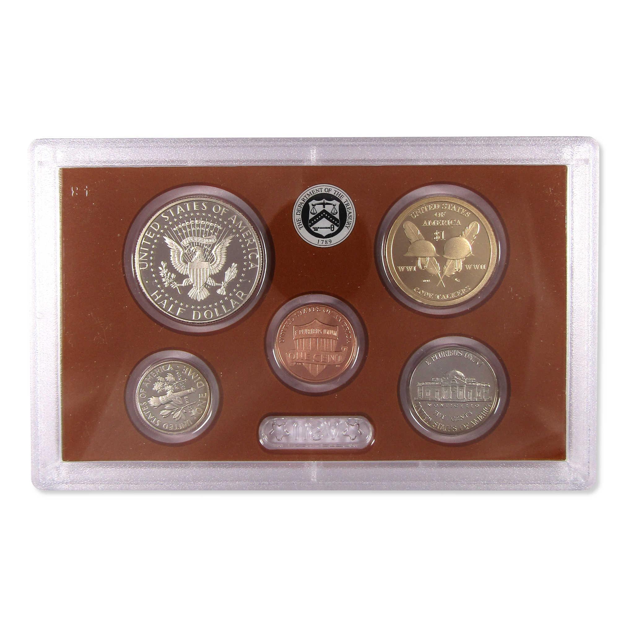 United States proof coin set in protective display case, includes half dollar, quarter, dime, nickel, and penny coins.