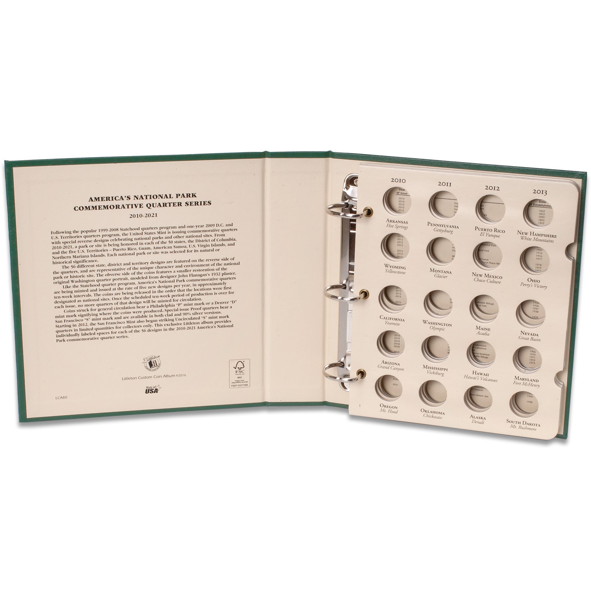 2010-2021 America's National Park Quarter Series Coin Album Littleton