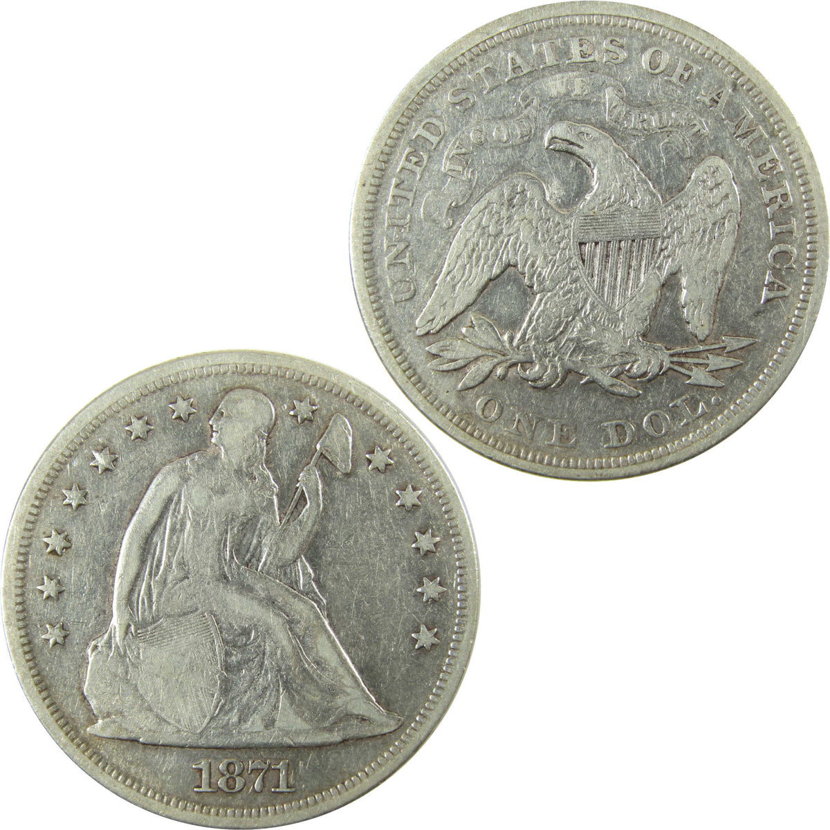 1871 Seated Liberty Silver Dollar F Fine Details $1 Coin SKU:CP1718