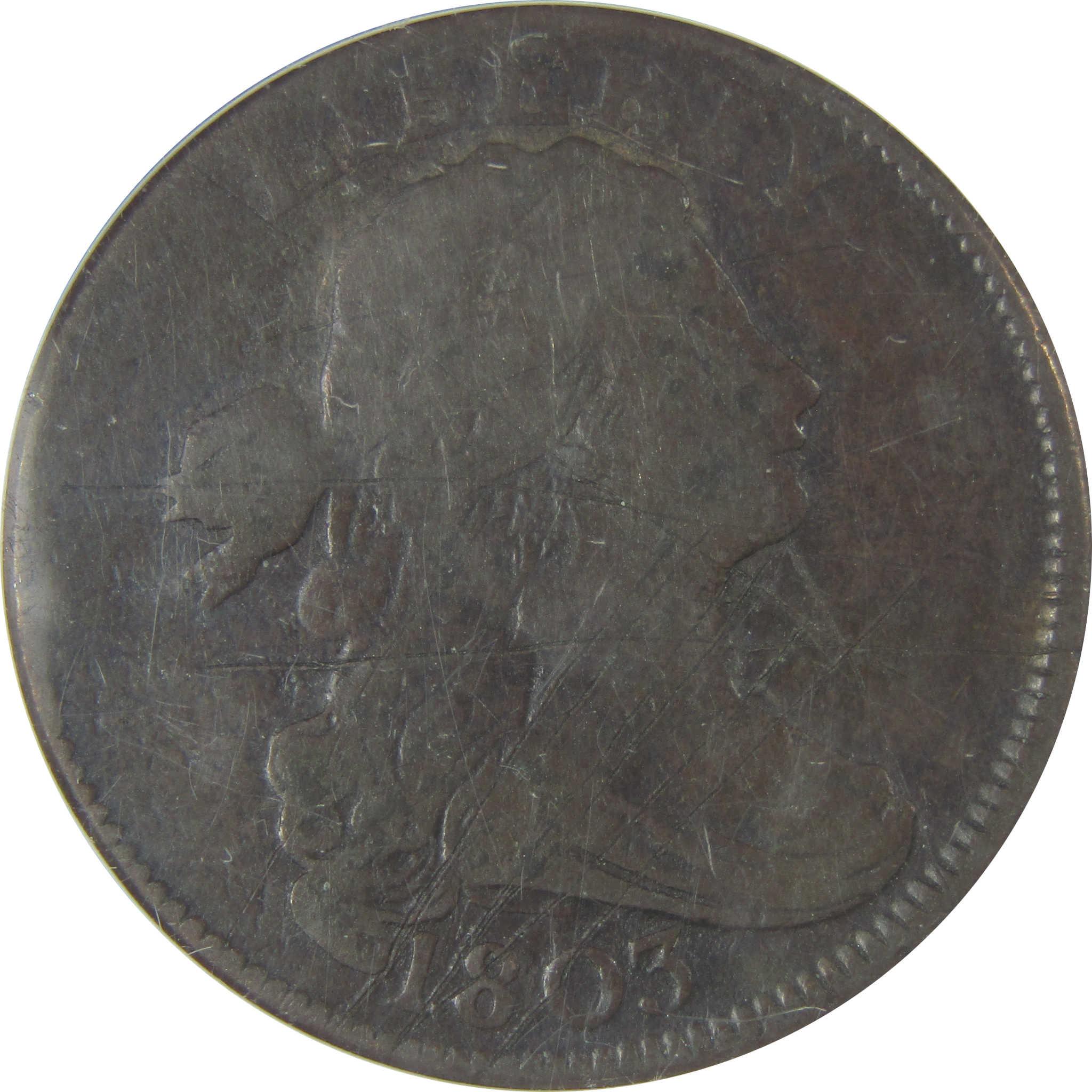 1803 Sm Dt Small Fraction Draped Bust Cent F 12 Details ANACS SKU:CP42