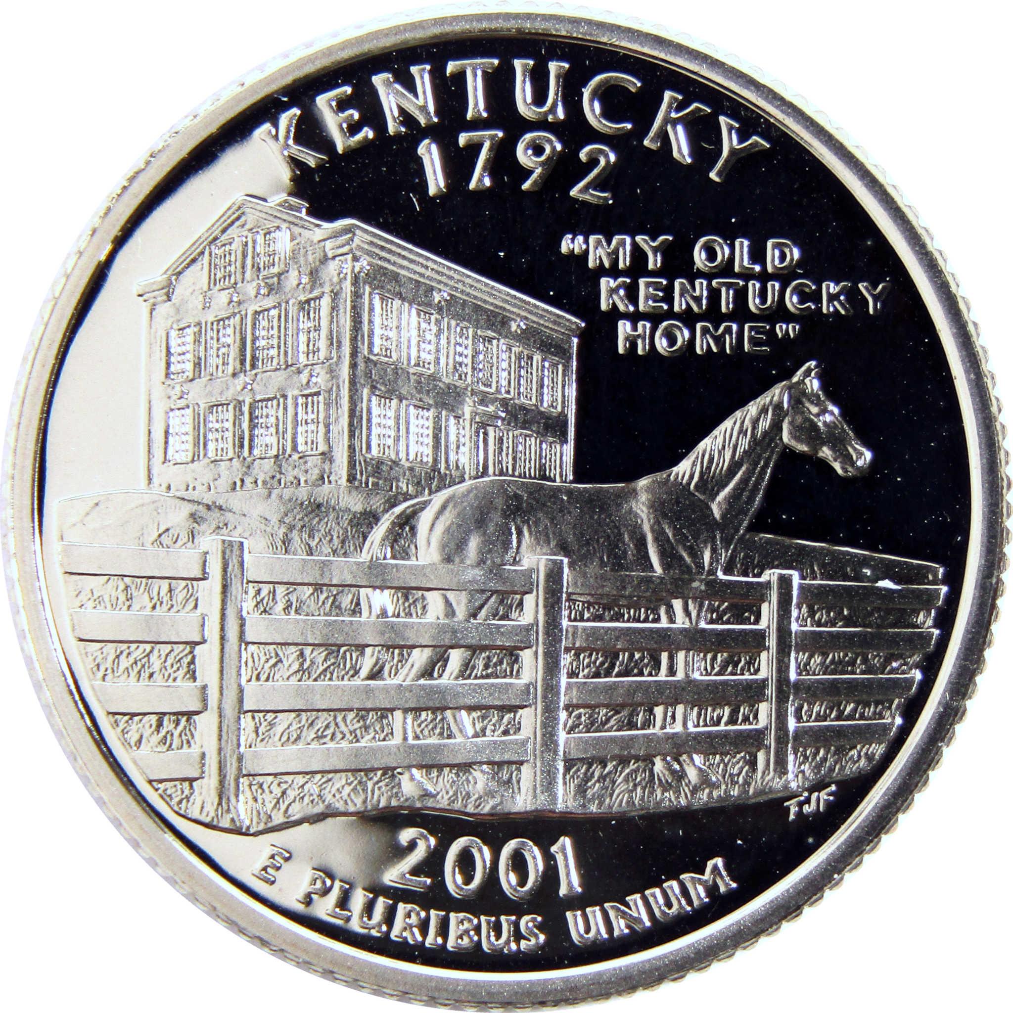 2001 Kentucky state quarter coin with horse, fence, and historic home design.