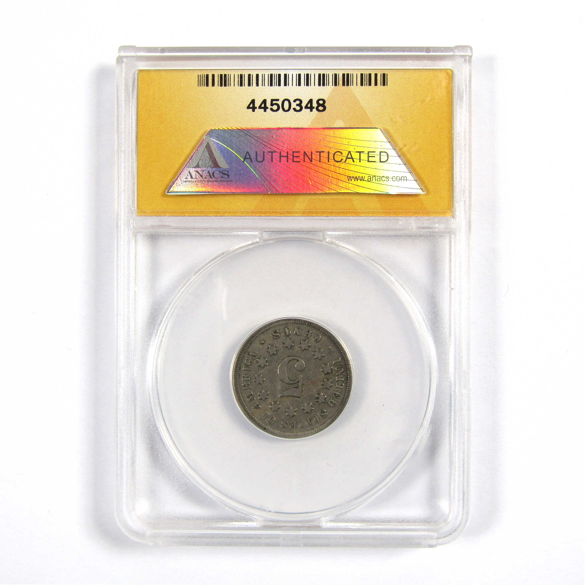 1867 No Rays Shield Nickel F 15 ANACS 5c Coin SKU:I8204