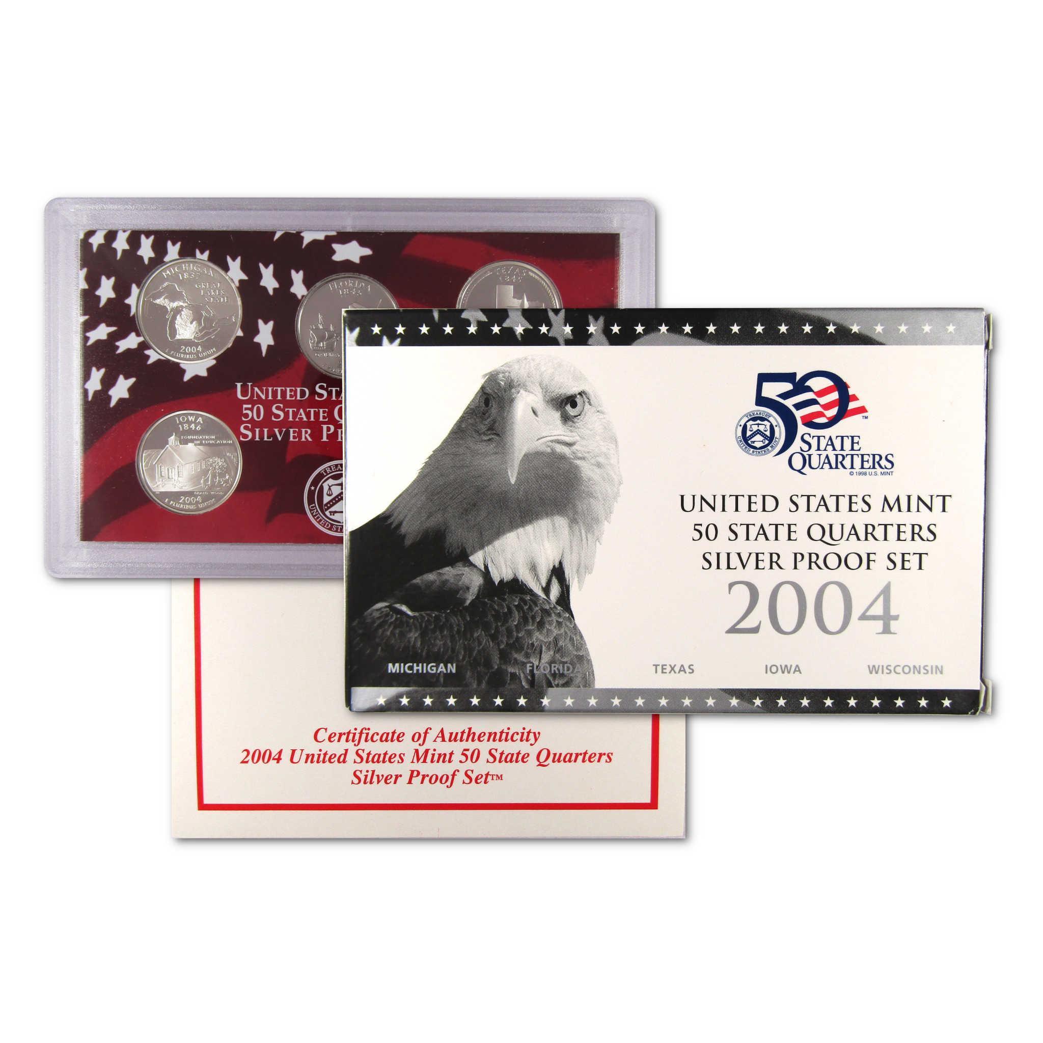 2004 United States Mint 50 State Quarters Silver Proof Set with certificate and packaging