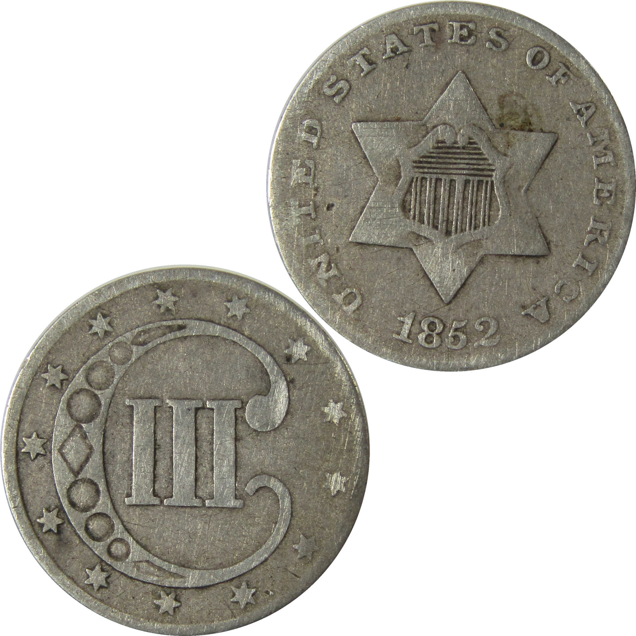 1852 Silver Three Cent Piece F Fine Details Trime 3c Coin SKU:I28240