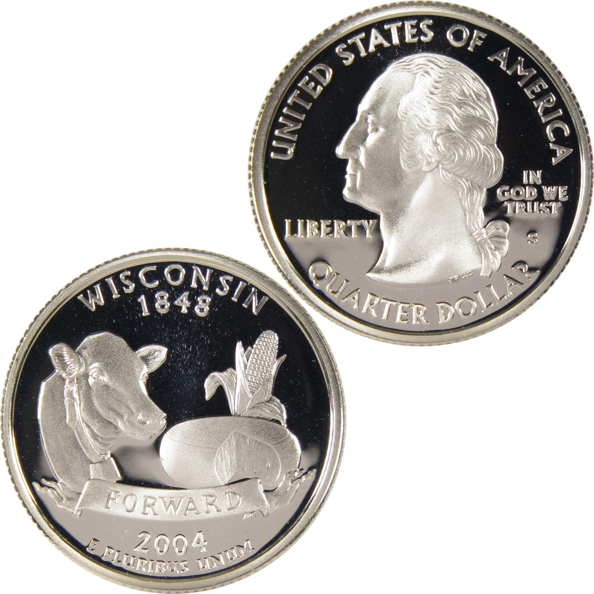 2004 Wisconsin state quarter collectible coin, cow, corn, cheese, George Washington obverse