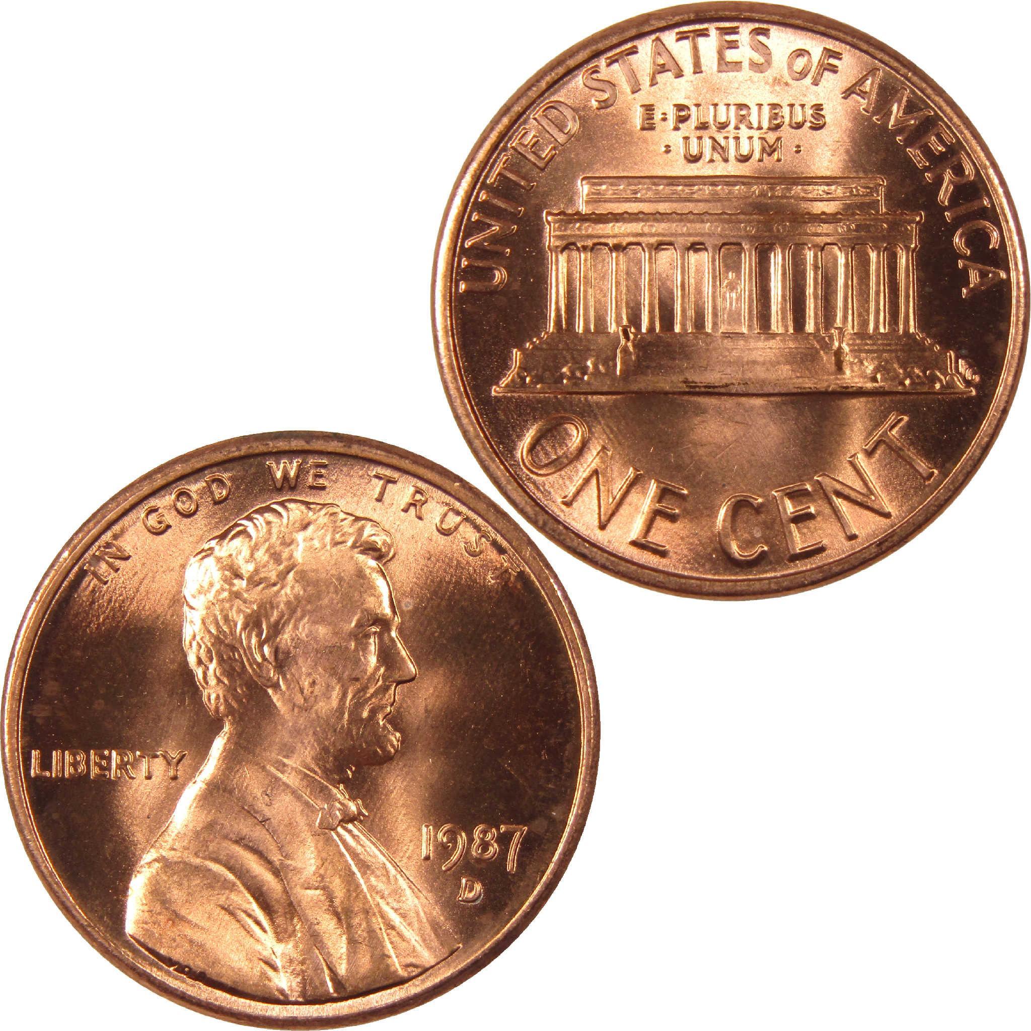 1987 D Lincoln penny, collectible US one cent coin obverse and reverse shown