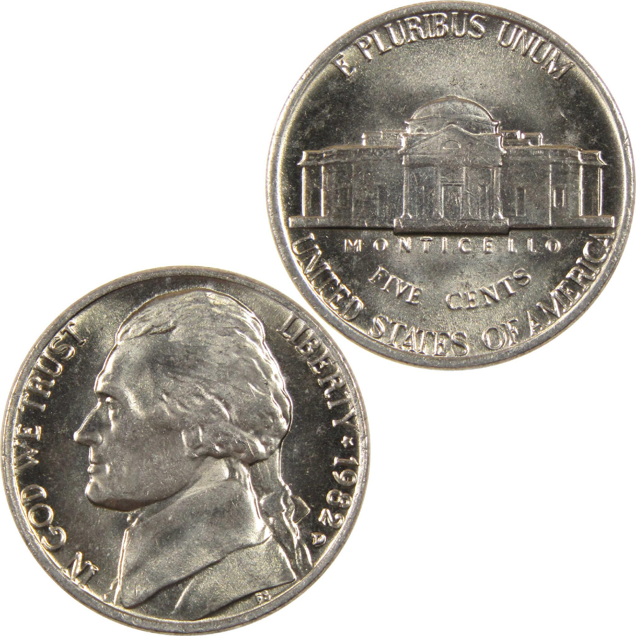 1982 Jefferson nickel collectible coin, obverse and reverse sides, United States five cents