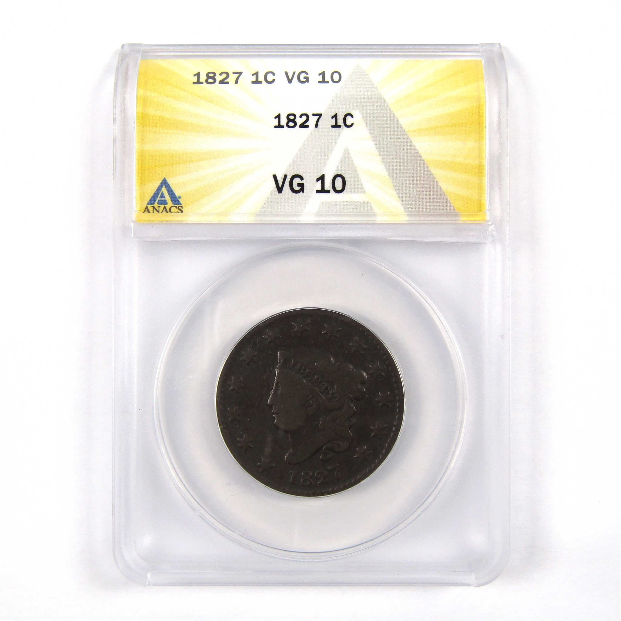 1827 Coronet Head Large Cent VG 10 ANACS Copper Penny 1c SKU:I9199