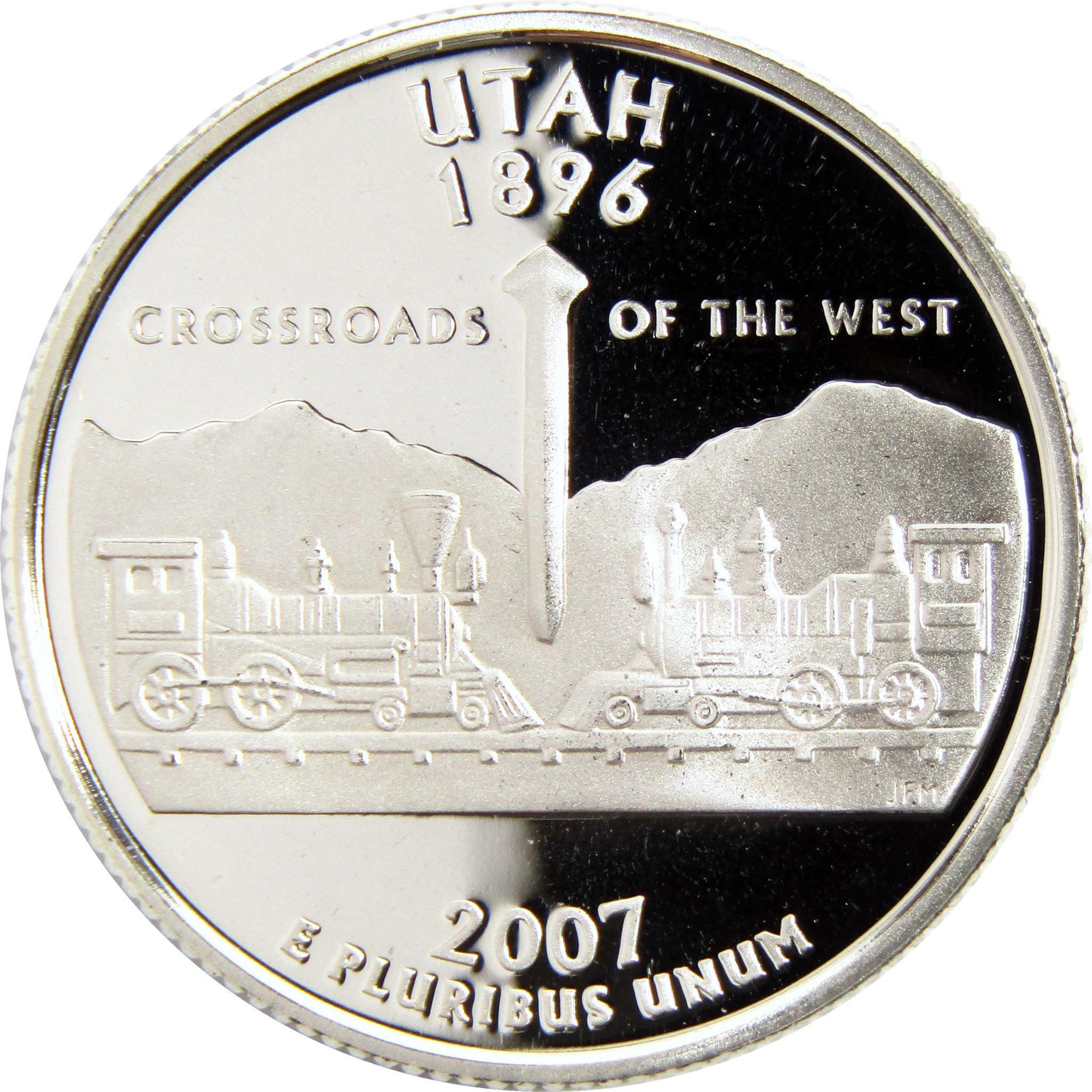 Utah state quarter 2007 featuring two trains, railroad tracks, and 'Crossroads of the West' inscription