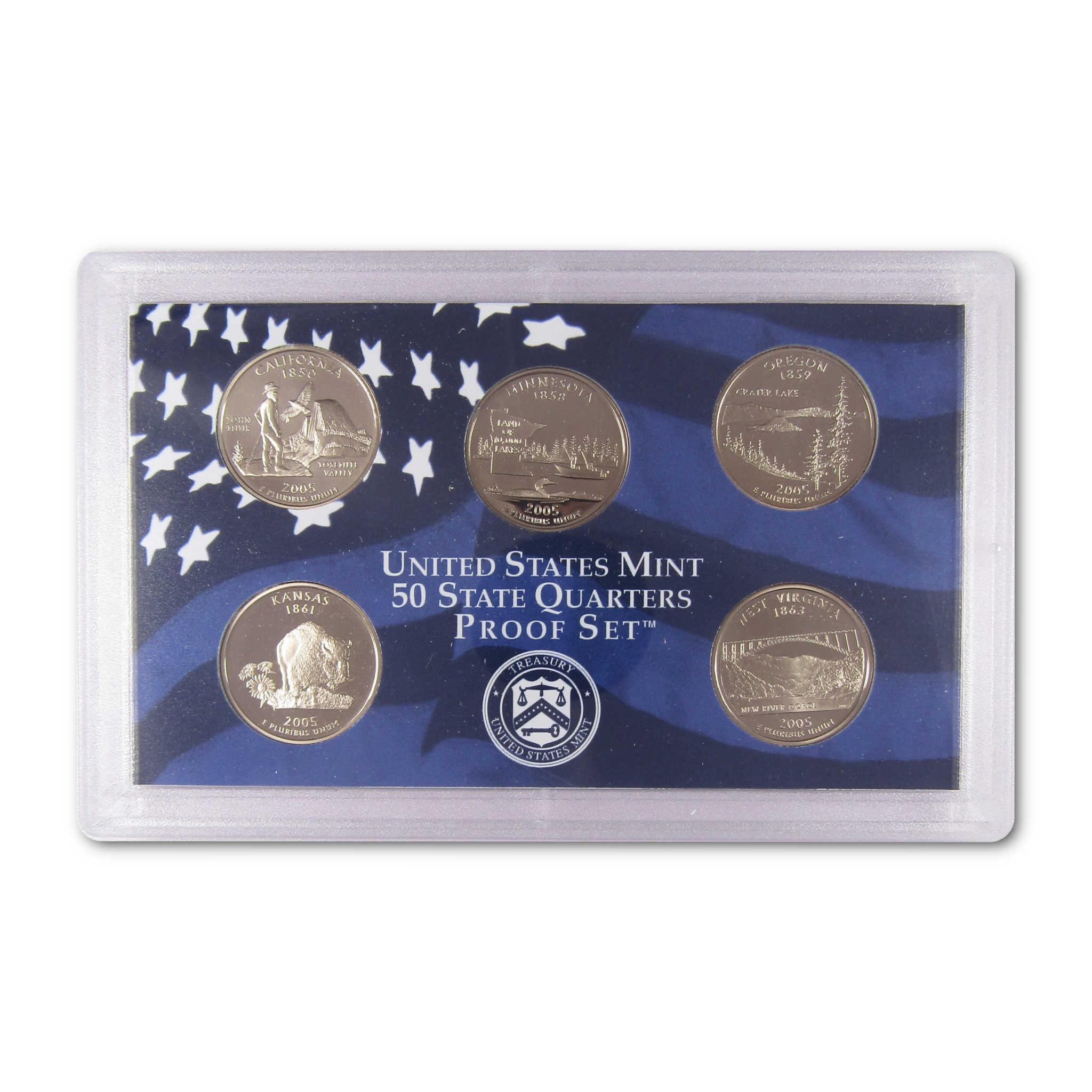 United States Mint 50 State Quarters Proof Set with five collectible coins in display case