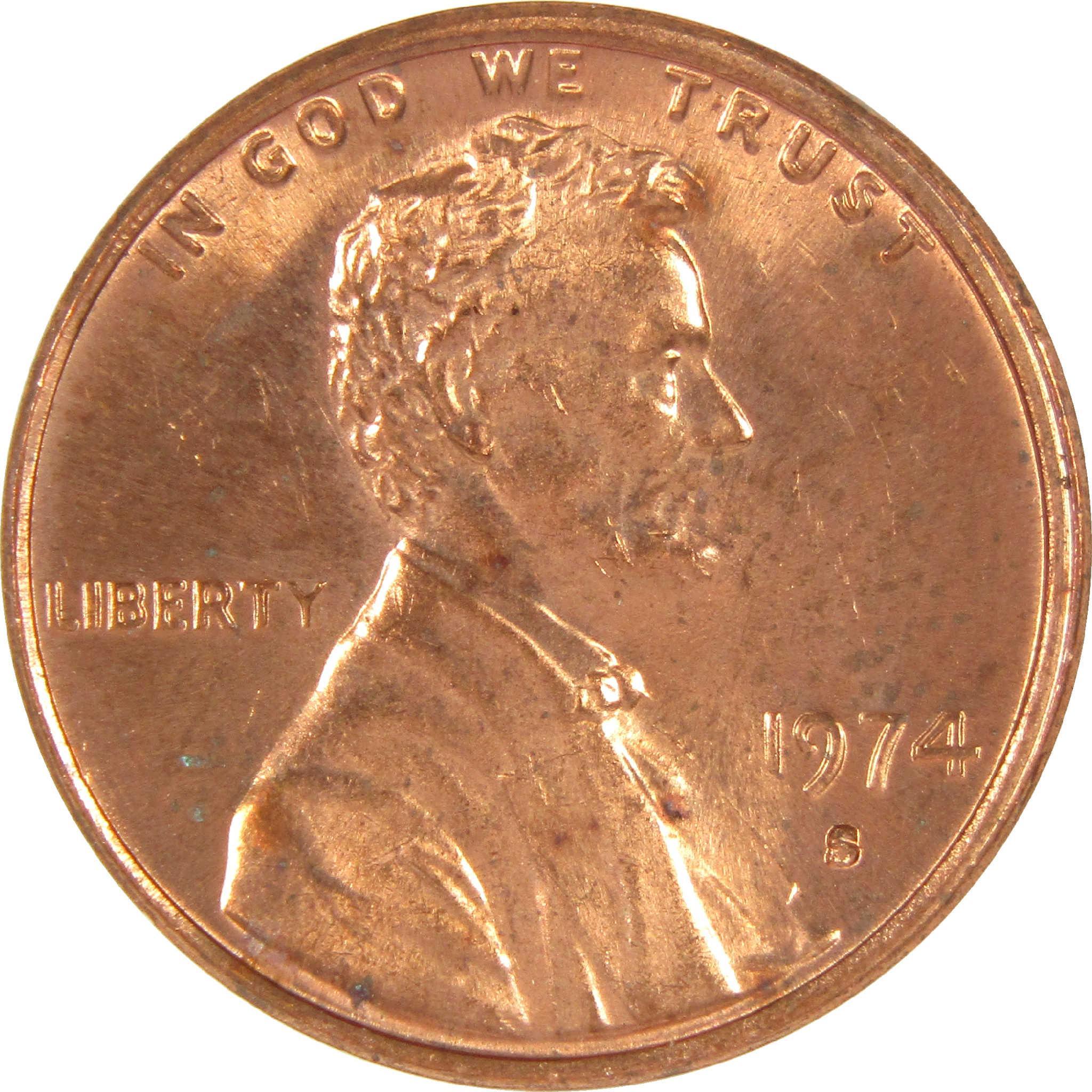 1974 S Lincoln cent penny collectible coin, copper color, obverse with Liberty inscription