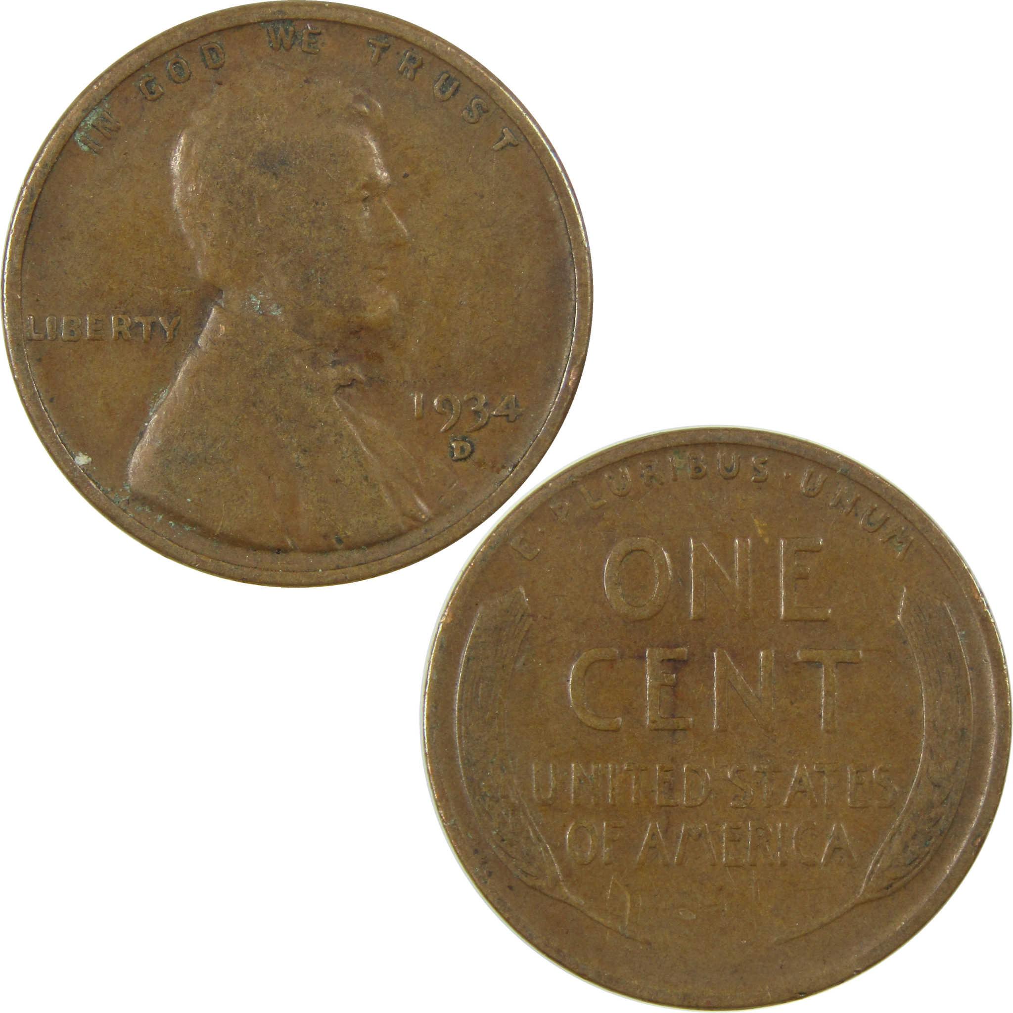 1934 D Lincoln Wheat Cent F Fine Penny 1c Coin Collectible SKU:I26788