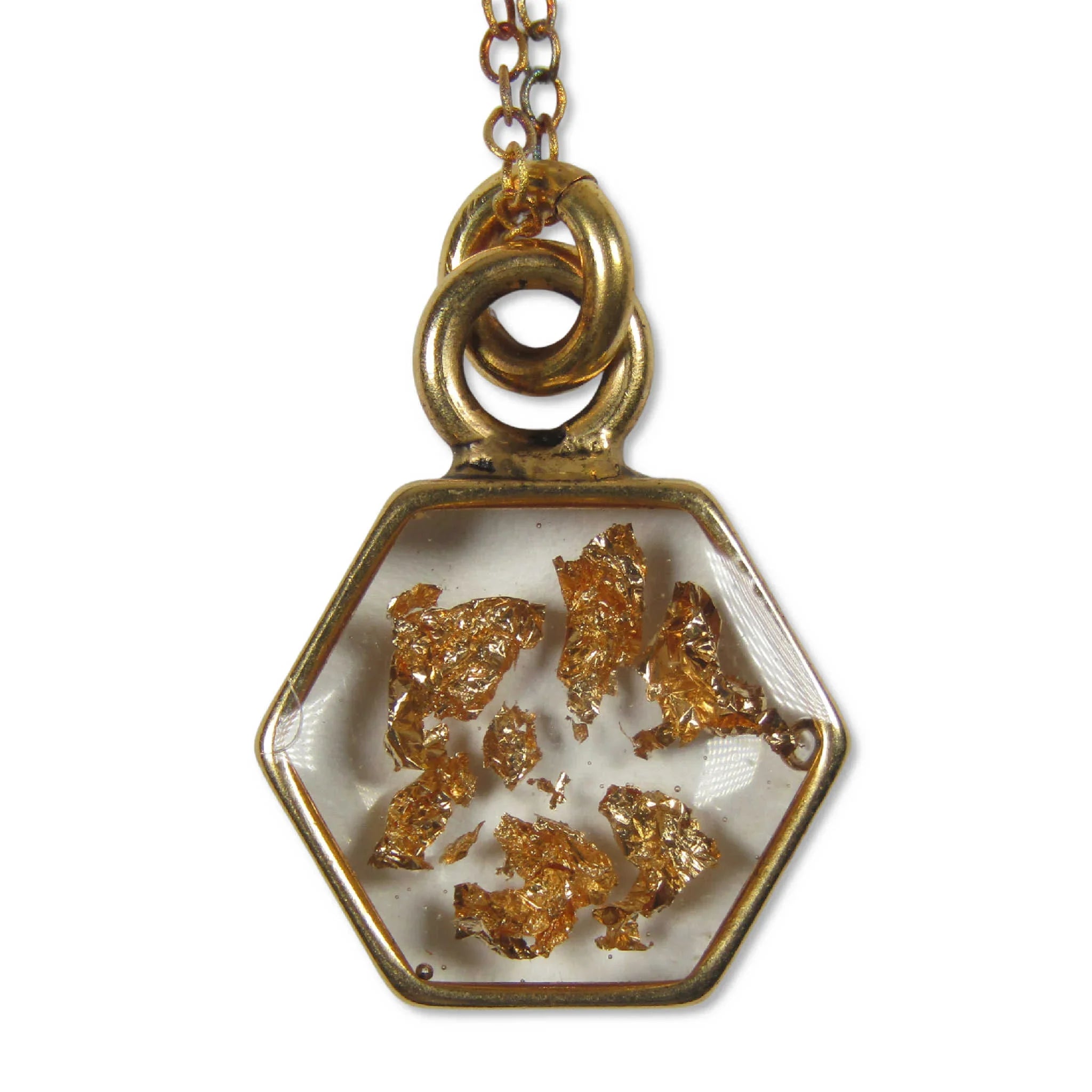 Gold Flake Hexagon Necklace with Chain and Gift Box