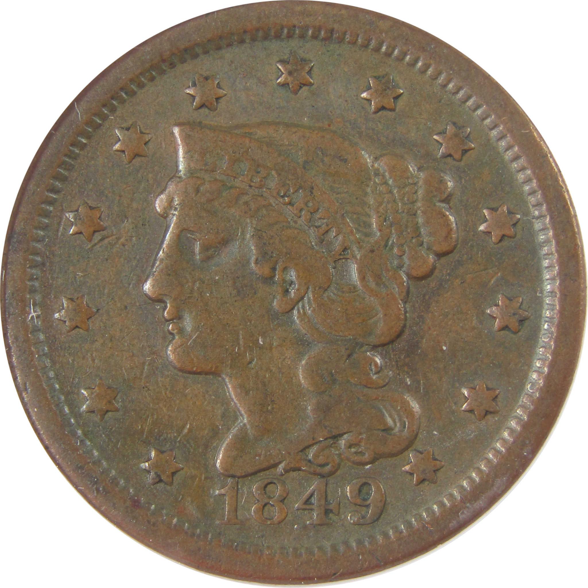 1849 Braided Hair Copper Large Cent VF 30 ANACS Penny SKU:I25623