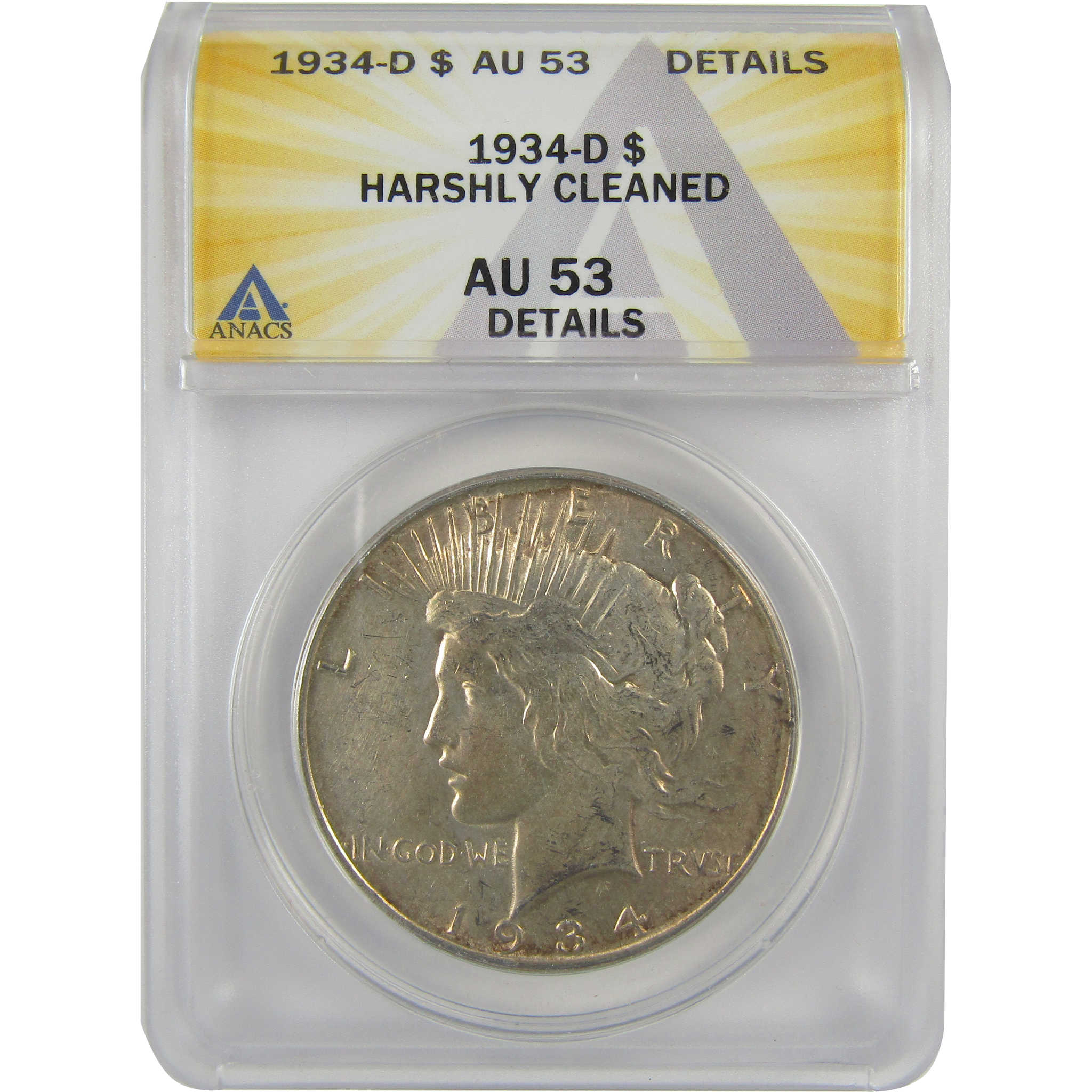 1934 D Peace Dollar AU 53 Details ANACS Silver $1 Coin SKU:I21590
