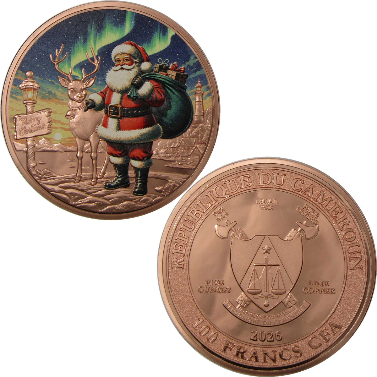 2026 Cameroon 5 oz Copper Merry Christmas Santa Northern Lights BU