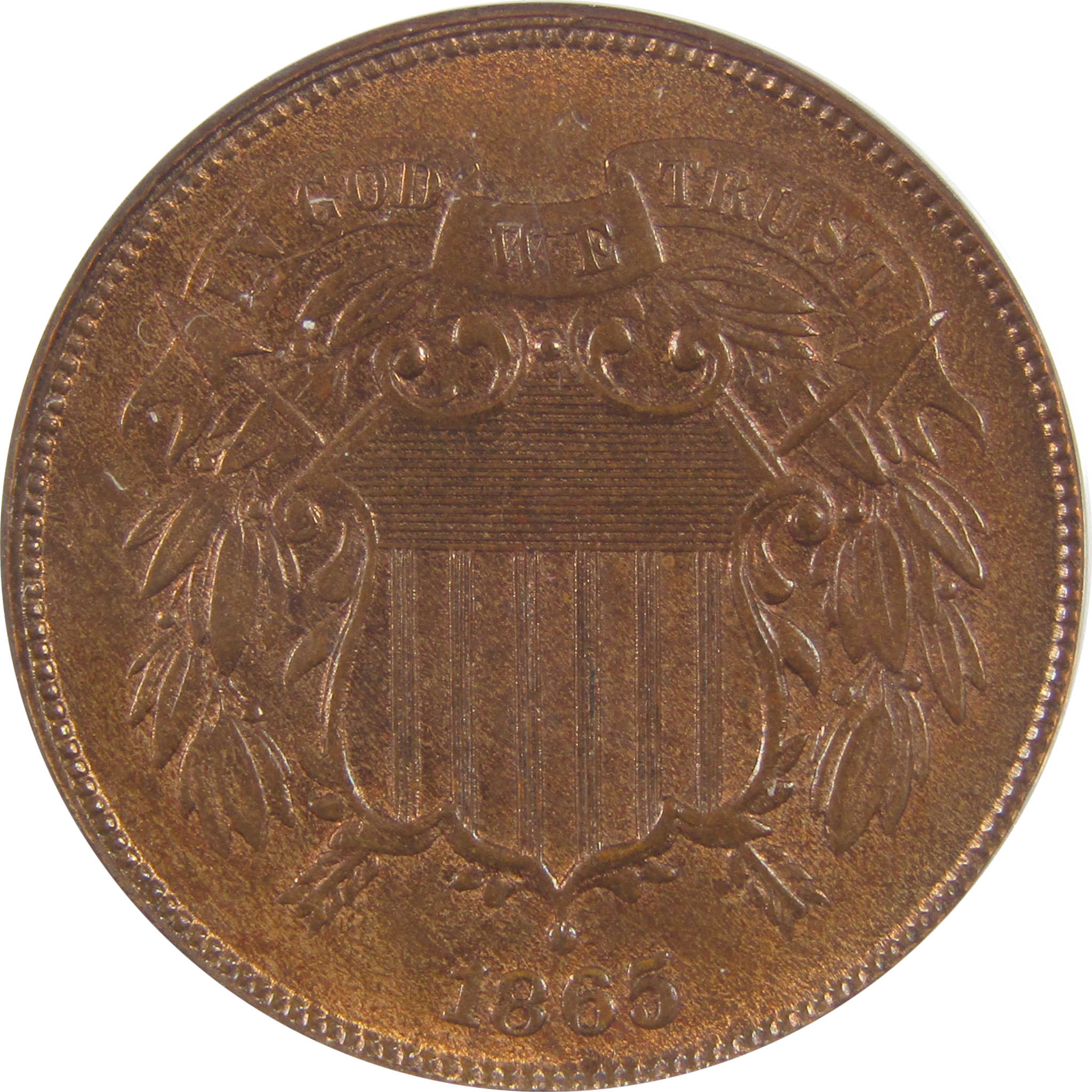 1865 Plain 5 Two Cent Piece MS 63 RB ANACS Uncirculated SKU:I18417