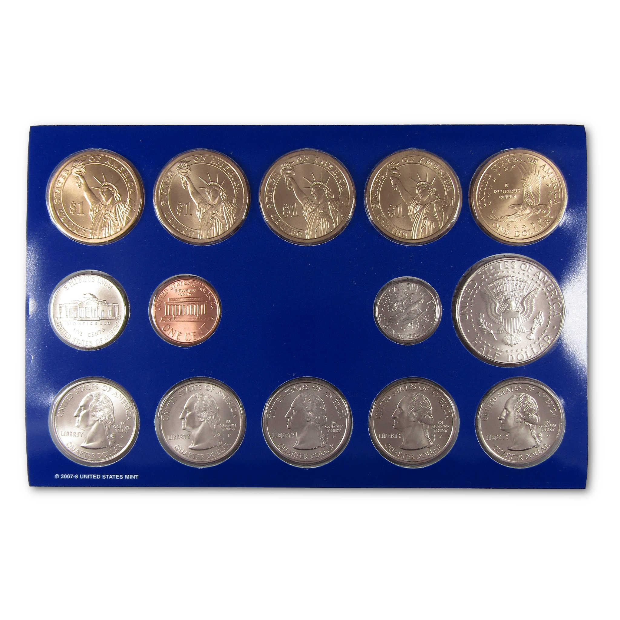 United States Mint collectible coin set with various denominations on blue display card