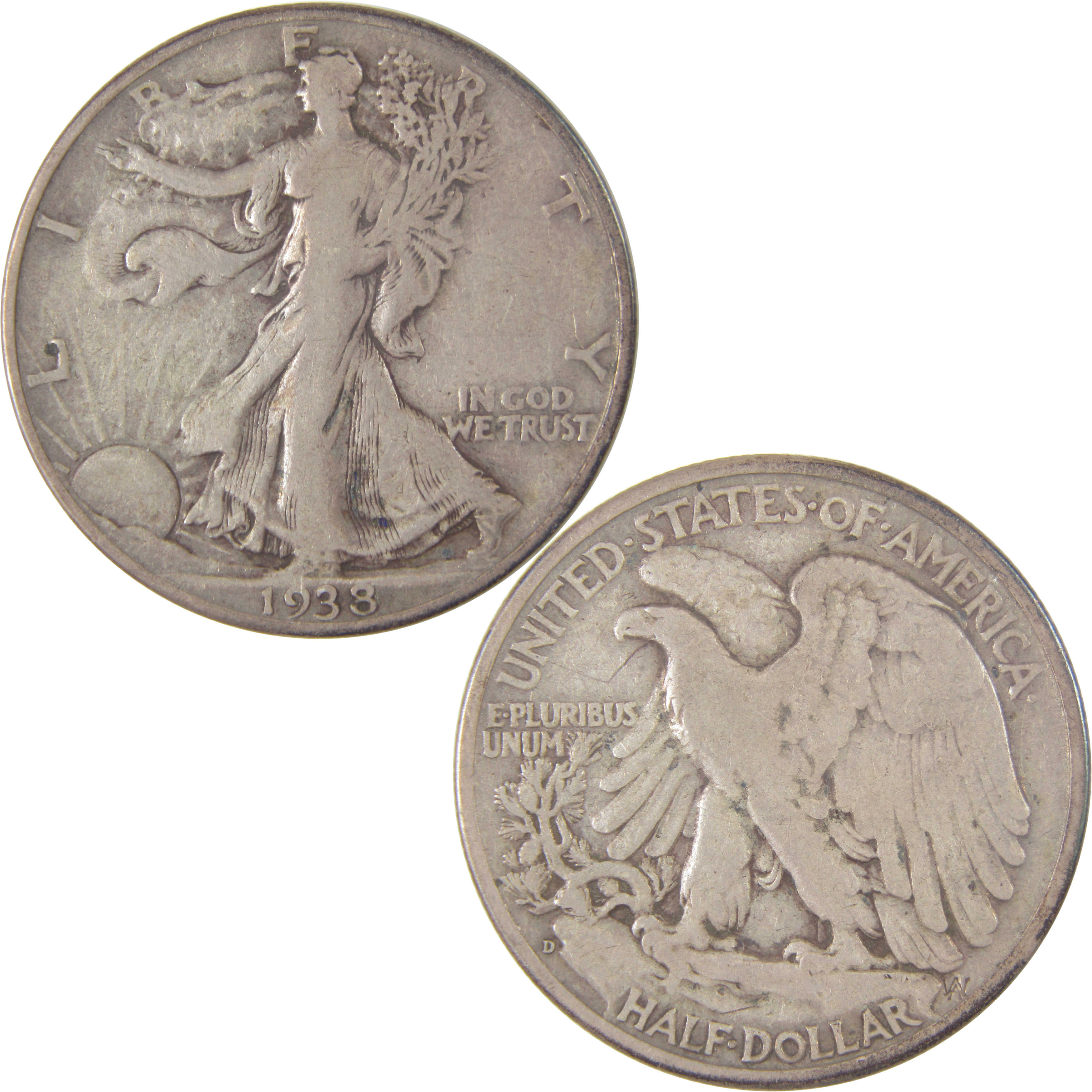 1938 D Liberty Walking Half Dollar F Fine Silver 50c Coin SKU:I17084