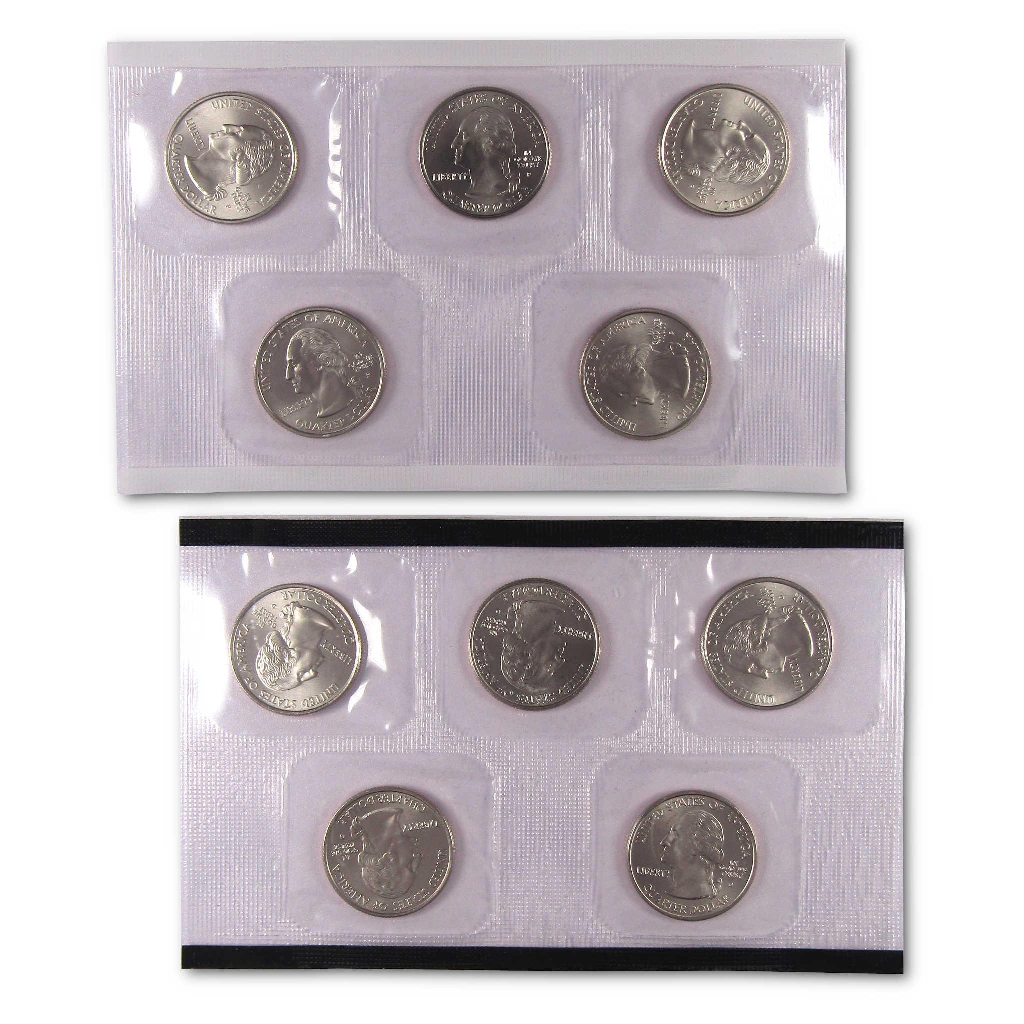 Collectible uncirculated U.S. quarter coins in protective plastic sleeves
