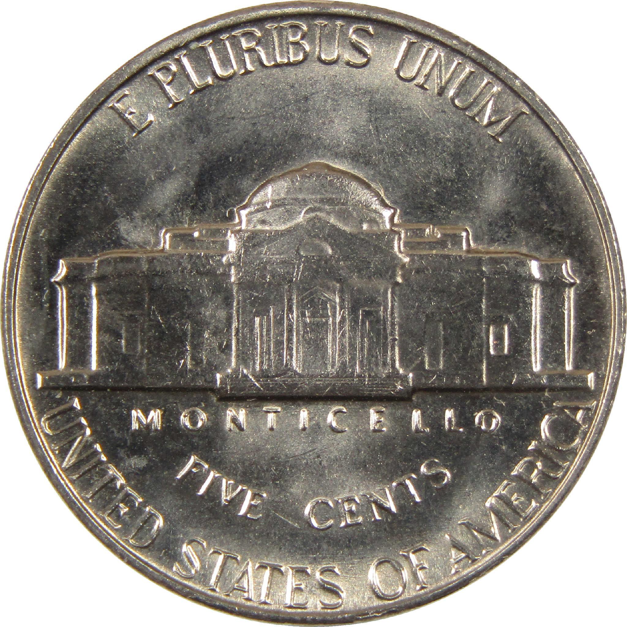 Reverse of a US nickel coin featuring Monticello, E Pluribus Unum, and Five Cents text.