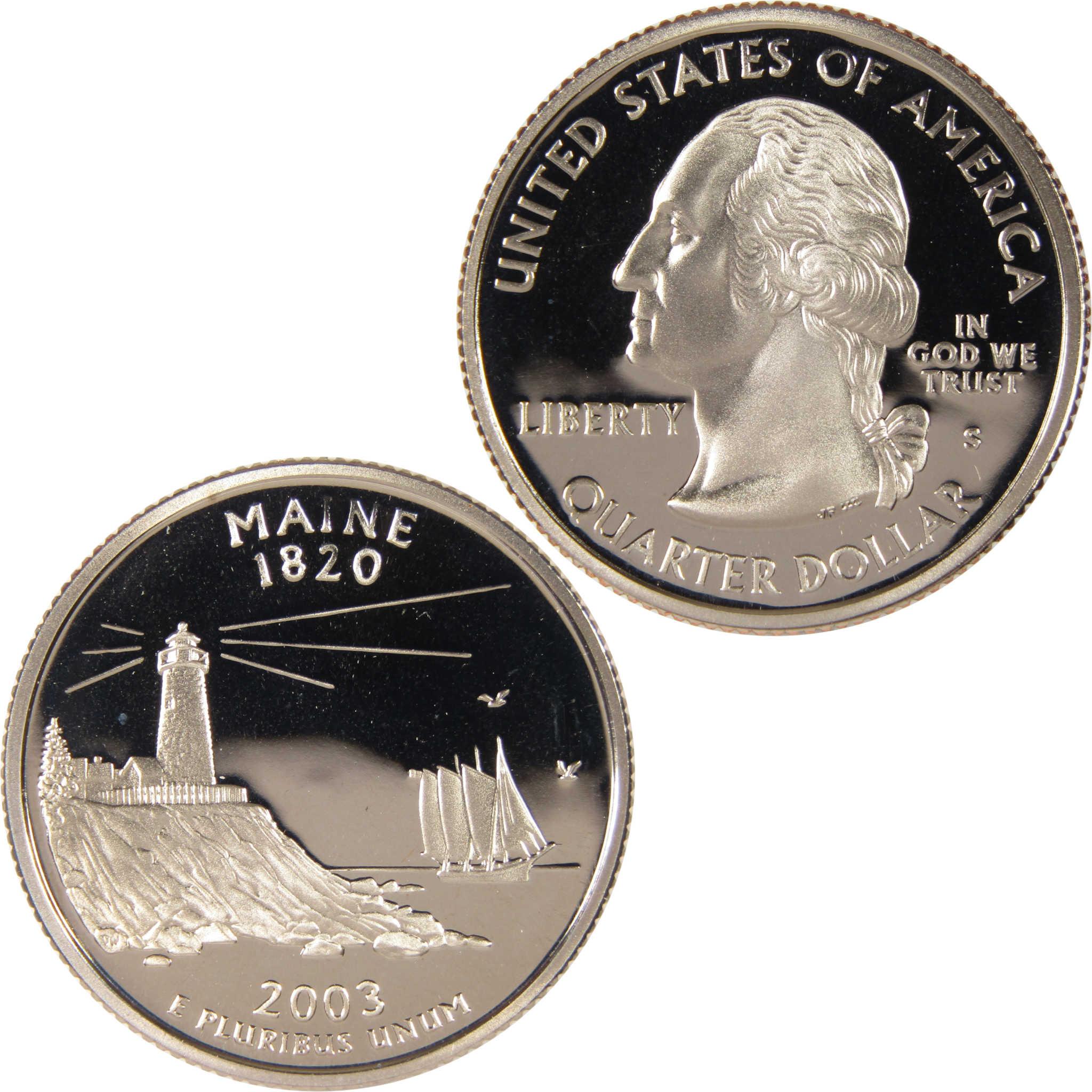 2003 Maine state quarter featuring lighthouse, ship, and George Washington profile