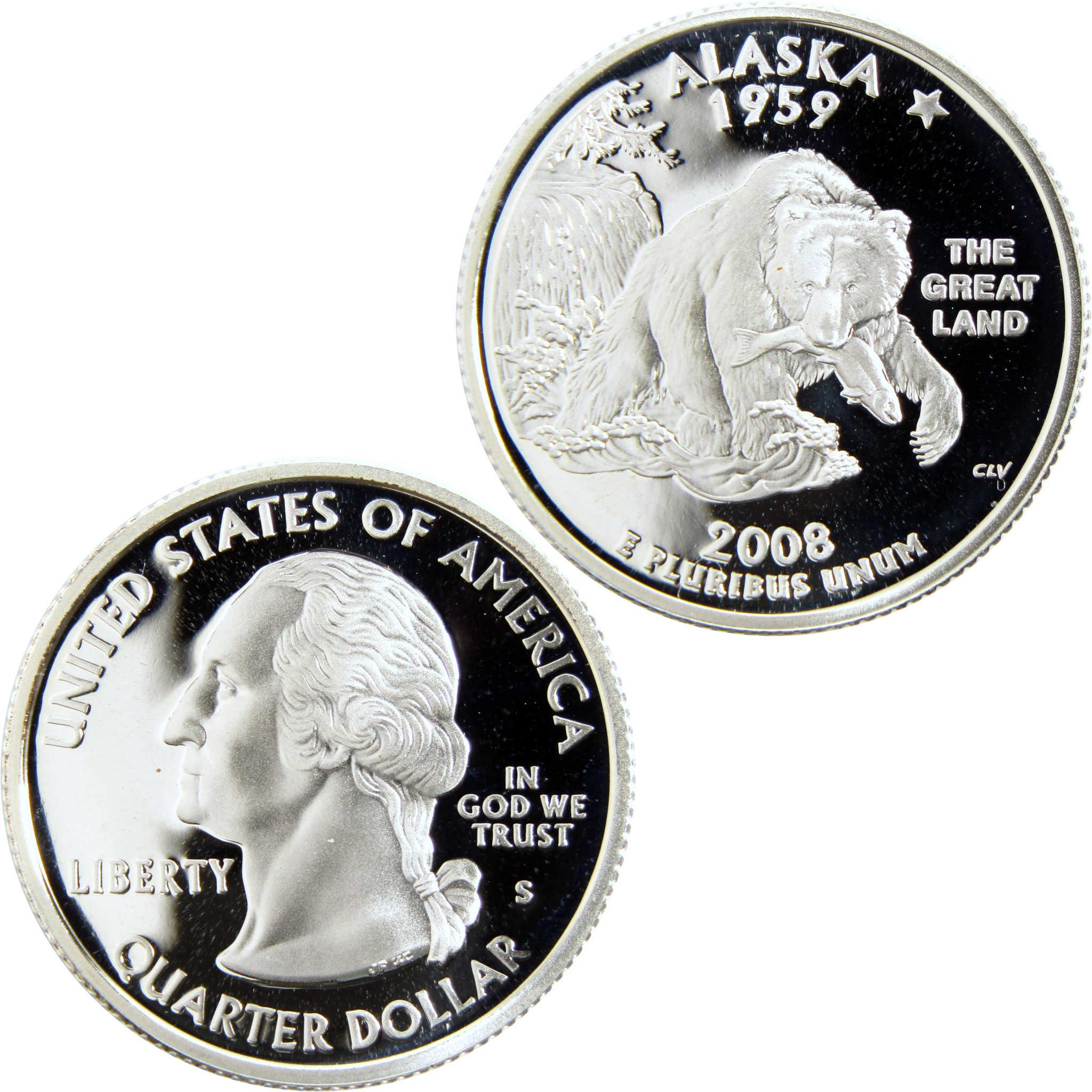 2008 Alaska state quarter dollar coin, featuring a grizzly bear with a fish and George Washington profile