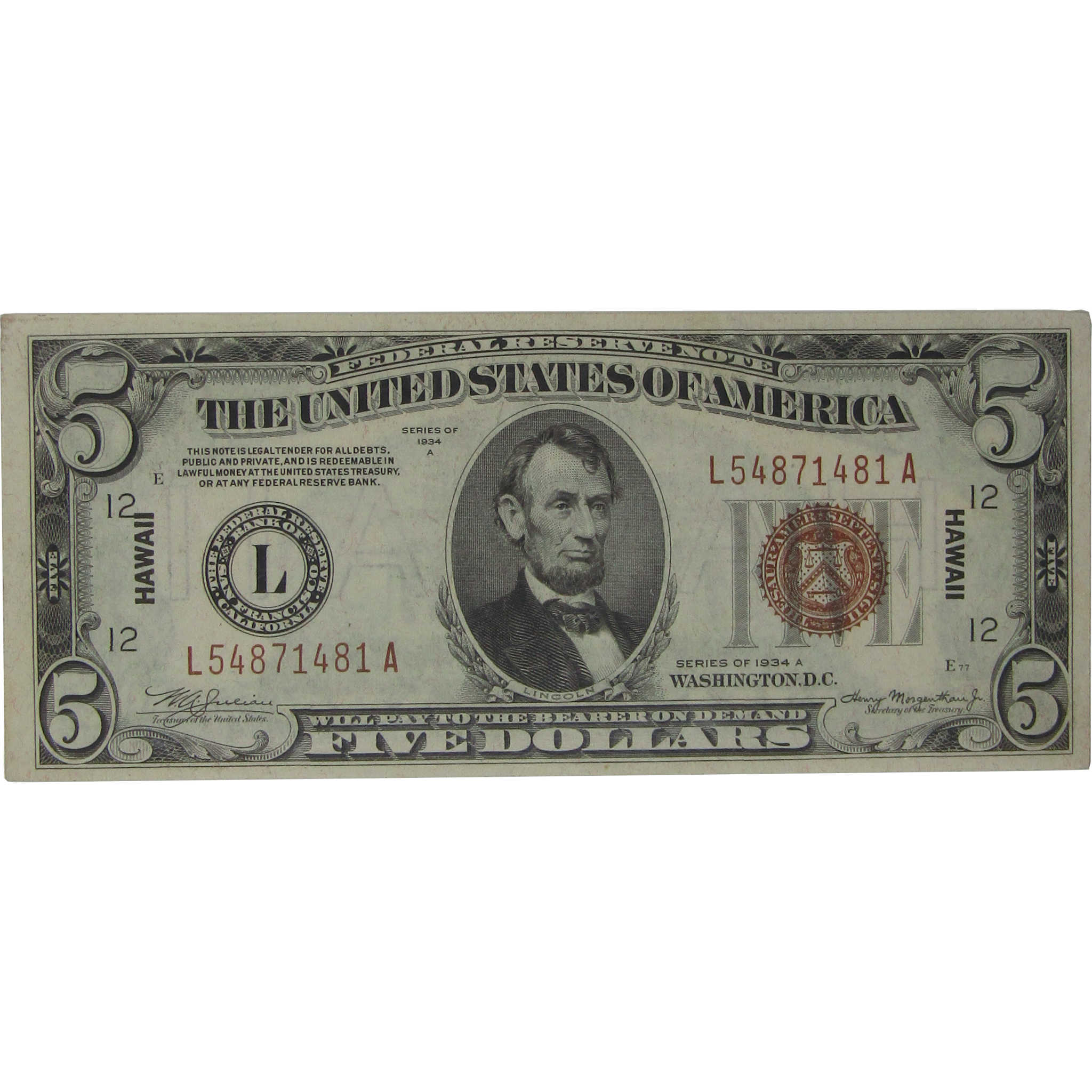 1934 A $5 Federal Reserve Note Hawaii WWII Fr 2302 Unc 63 EPQ PMG