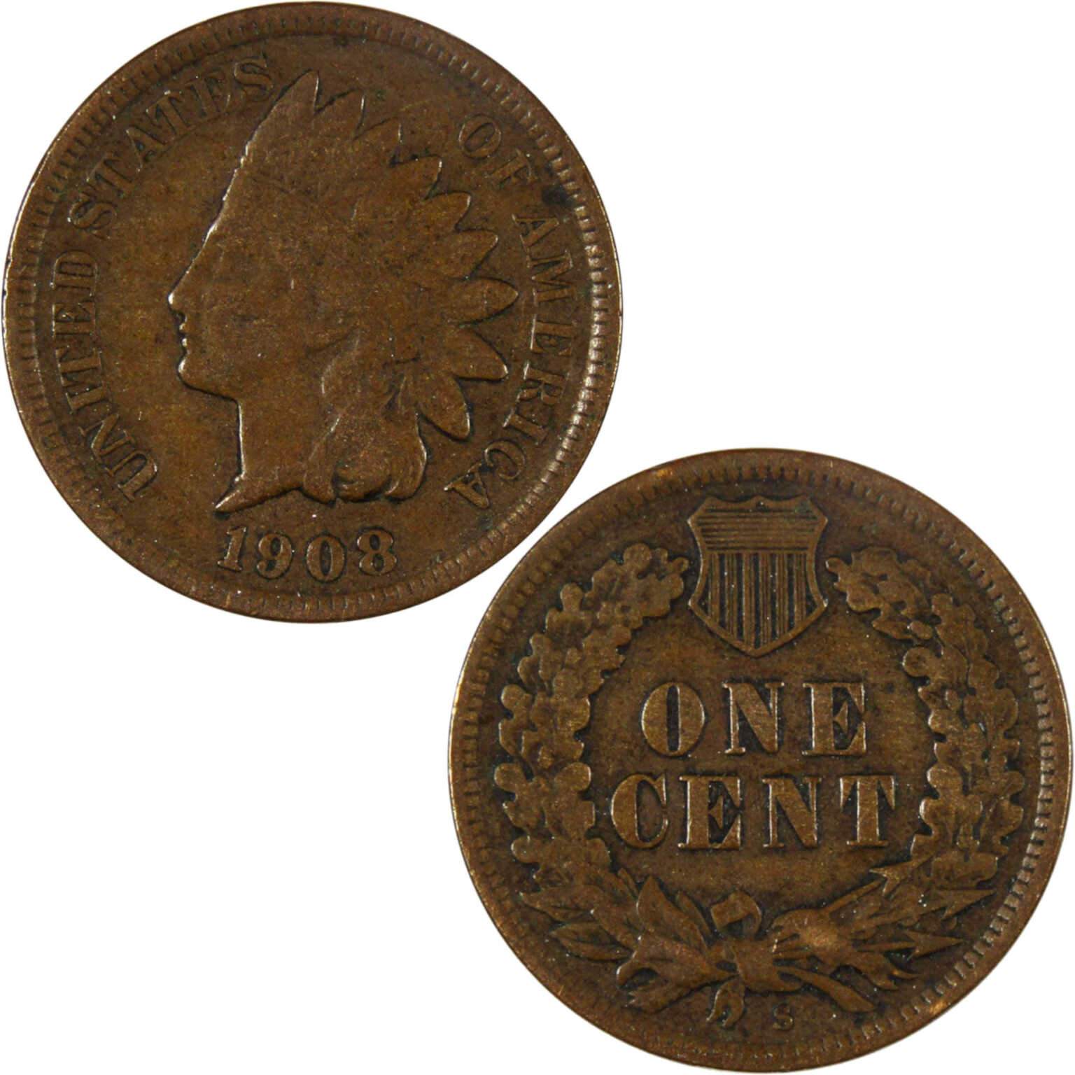 1908 S Indian Head Cent VF Very Fine Penny 1c Coin