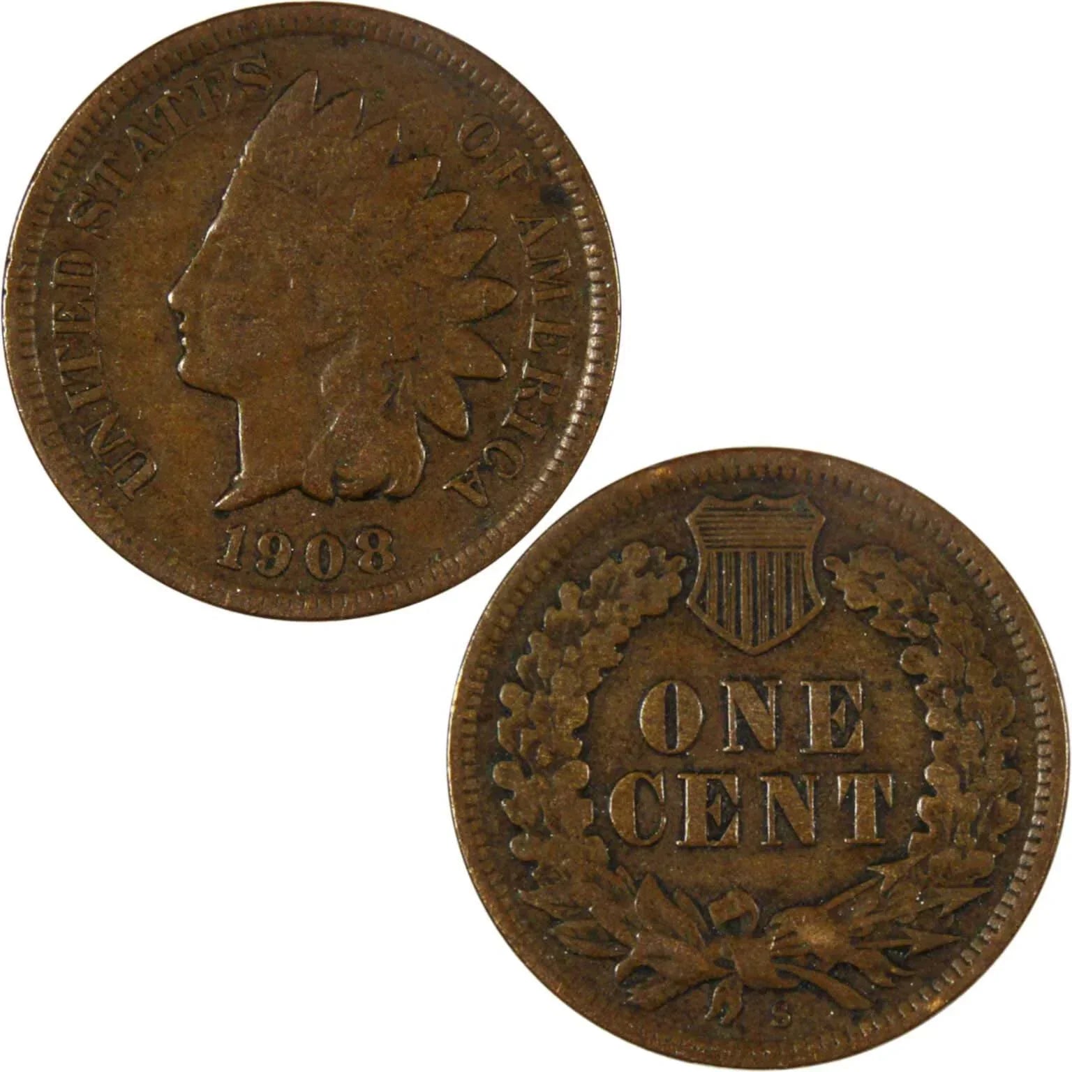1908 S Indian Head Cent VF Very Fine Penny 1c Coin