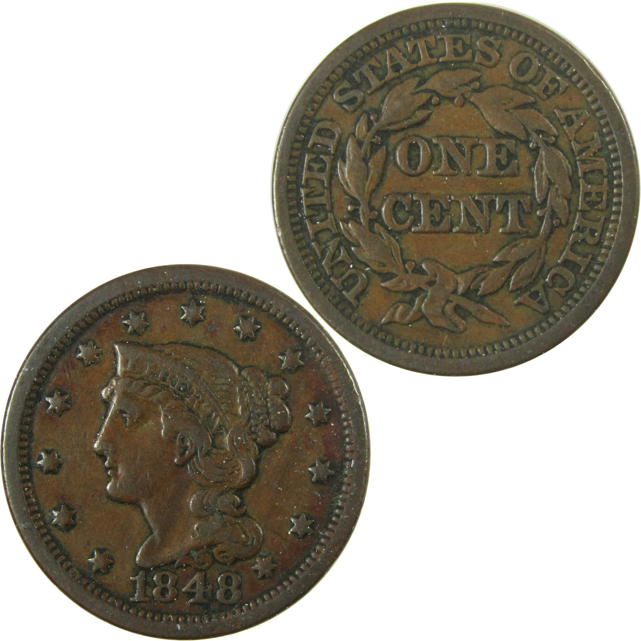 1848 Braided Hair Copper Large Cent F Fine Penny 1c Coin SKU:I27861