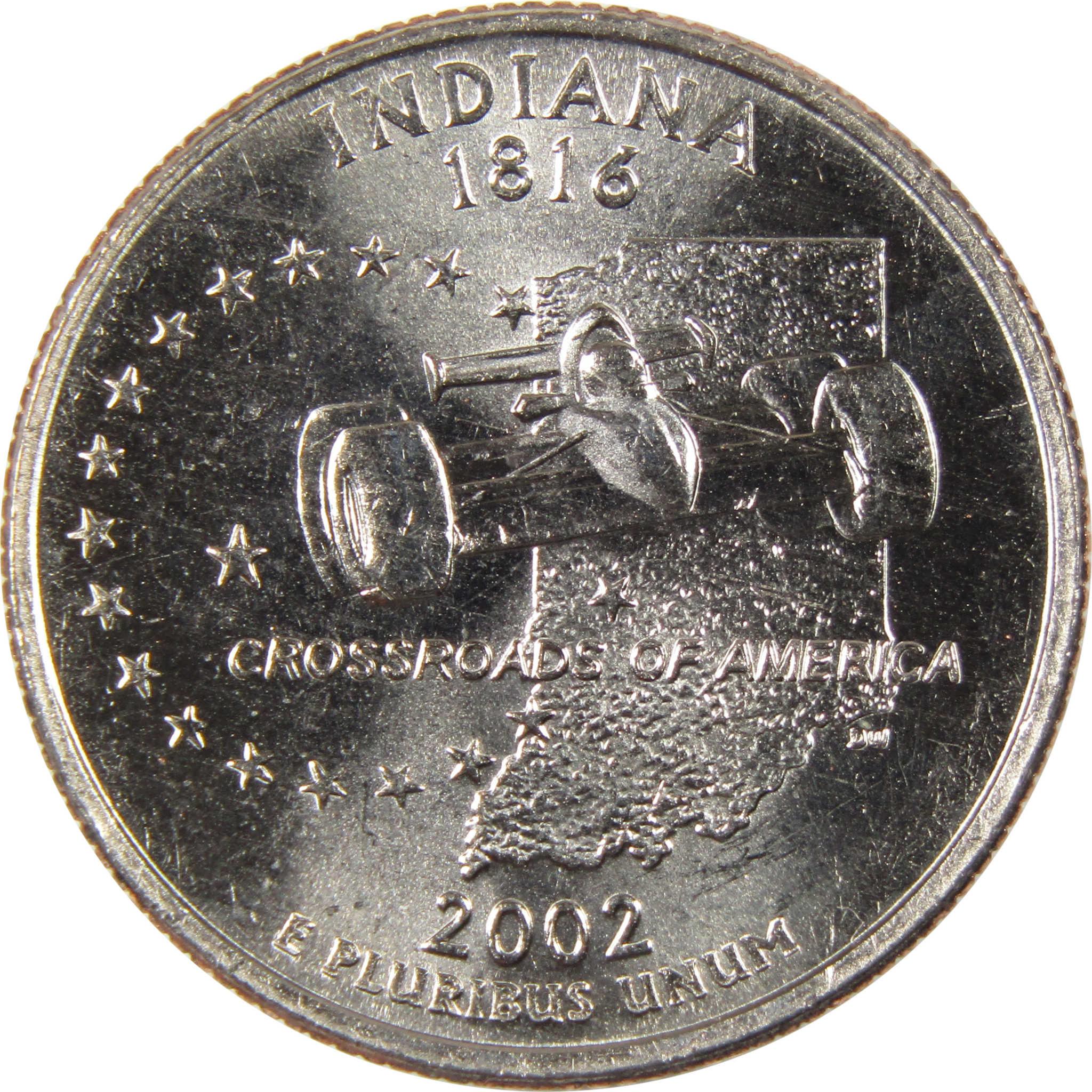 Indiana state quarter 2002 featuring Indy car and map outline, collectible coin