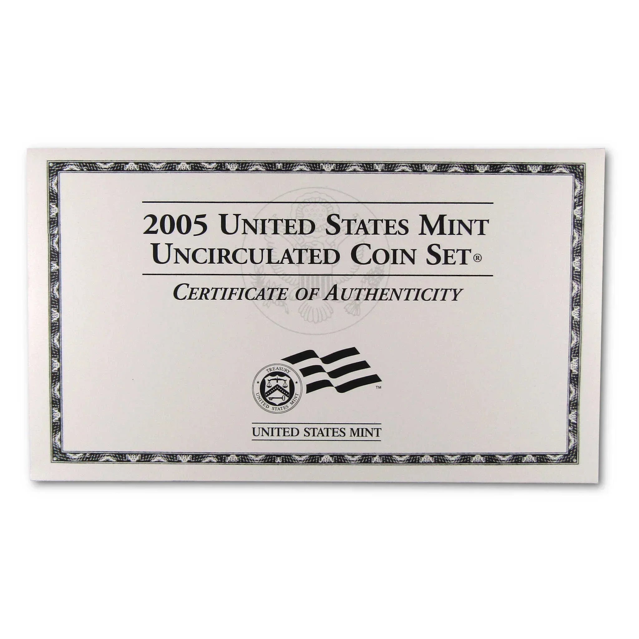 2005 United States Mint uncirculated coin set certificate of authenticity envelope