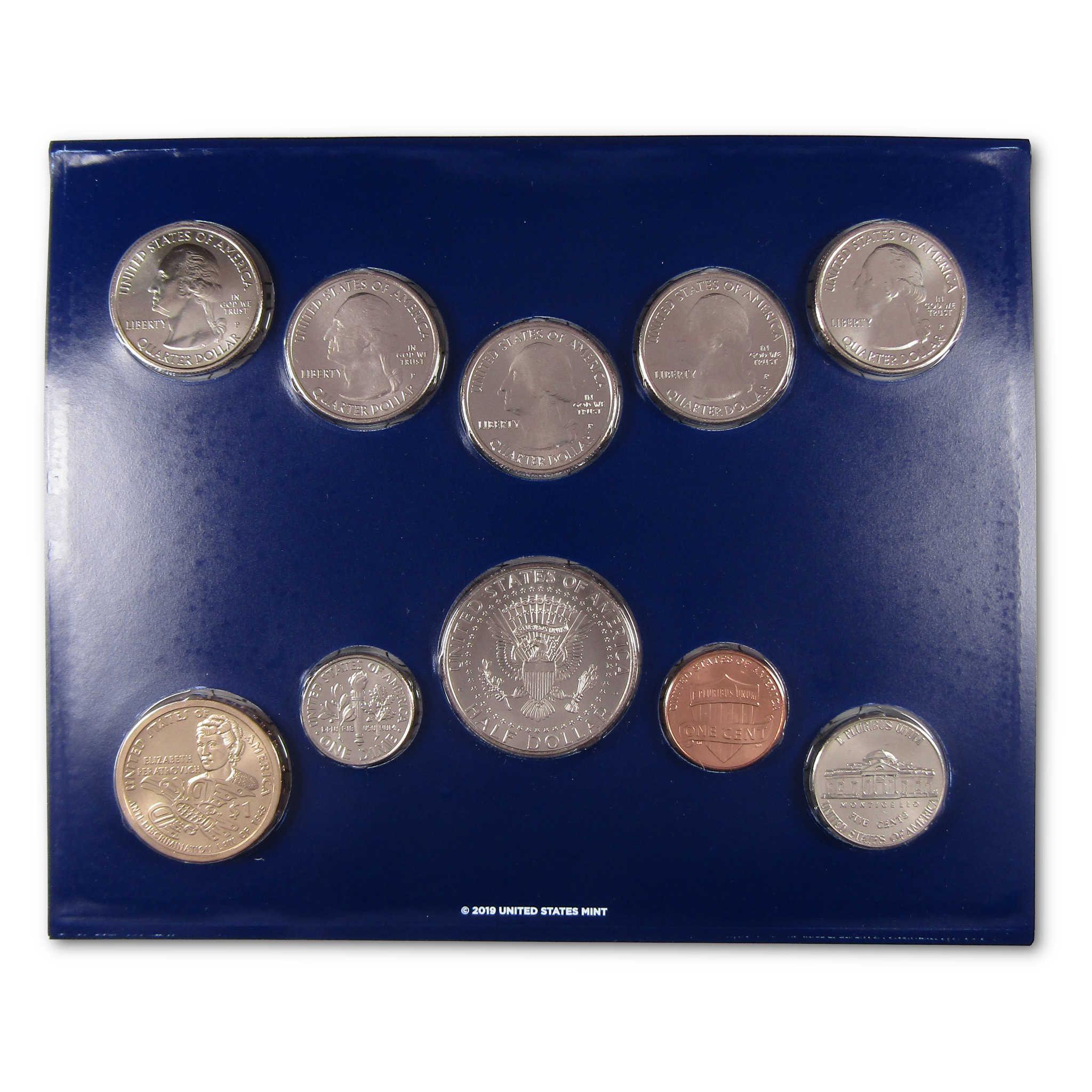 Uncirculated U.S. coin set with quarters, dollar, dime, nickel, and penny on blue display
