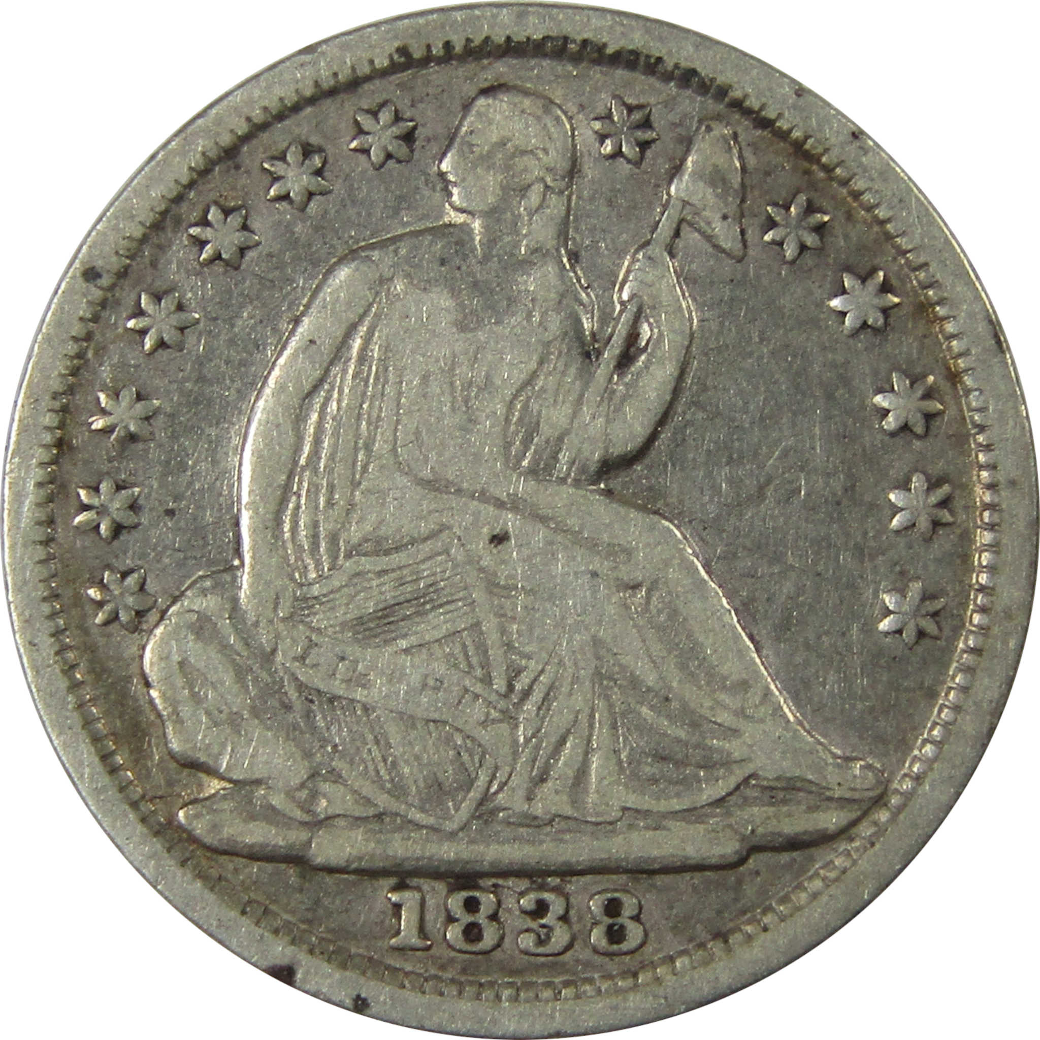 1838 Large Stars Seated Liberty Silver Half Dime F Fine SKU:I25389
